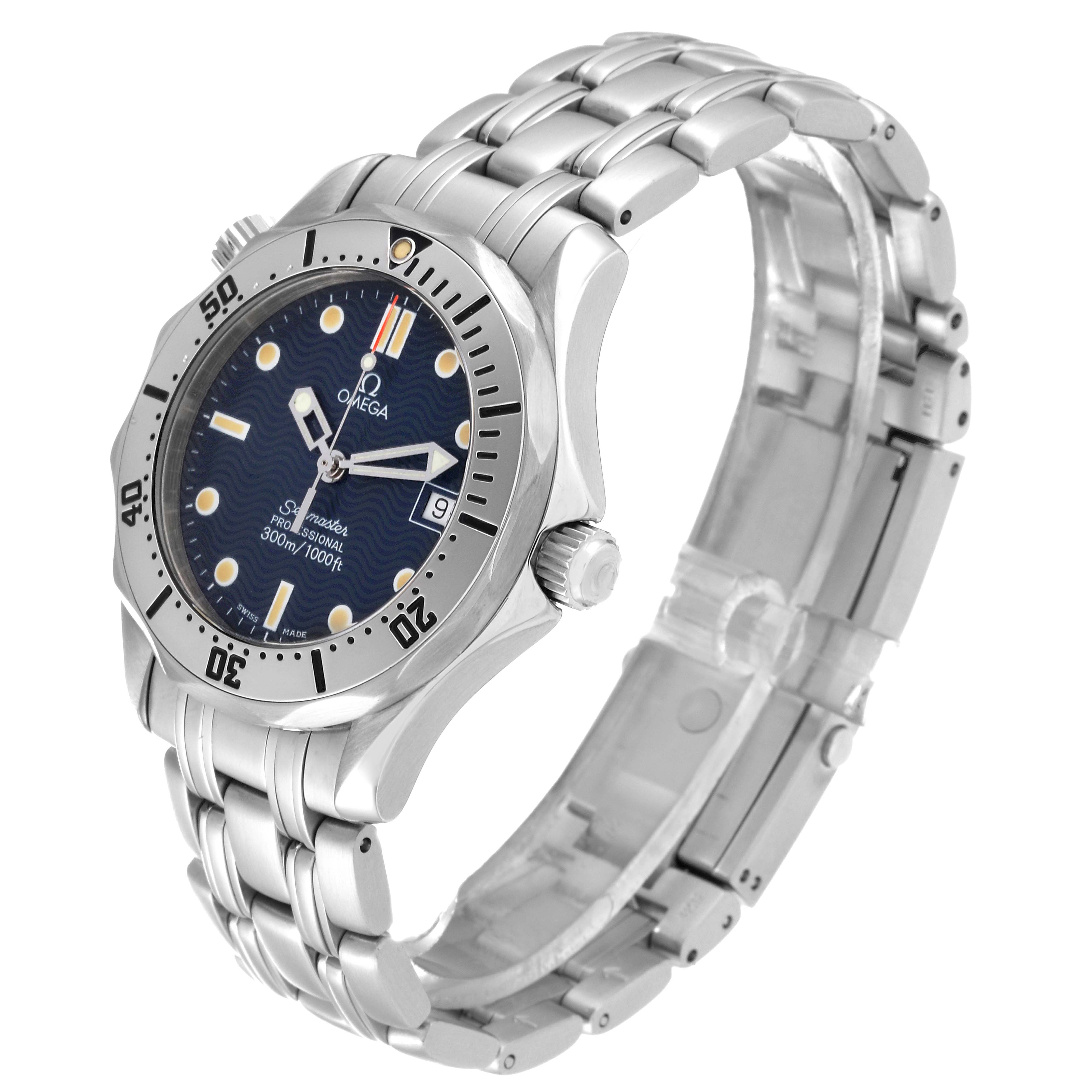The image shows a side angle of the Omega Seamaster 2562.80.00 Men
s Stainless Steel Blue Dial 2562.80.00 Men
s Stainless Steel Blue Dial watch, highlighting the face, bezel, crown, and stainless steel bracelet.