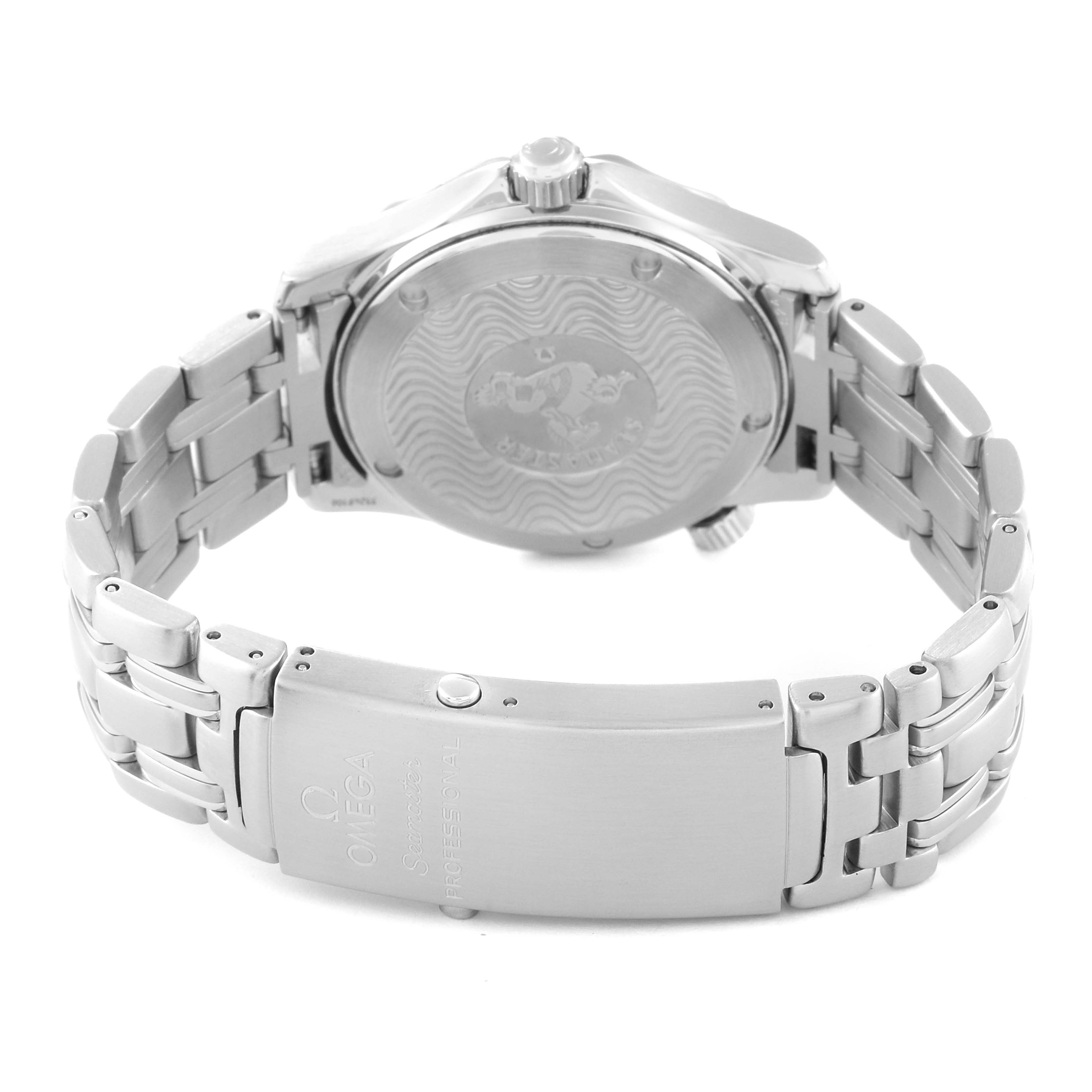 The Omega Seamaster 2562.80.00 Men
s Stainless Steel Blue Dial 2562.80.00 Men
s Stainless Steel Blue Dial watch is shown from the back, highlighting its caseback, crown, and stainless steel bracelet with clasp.