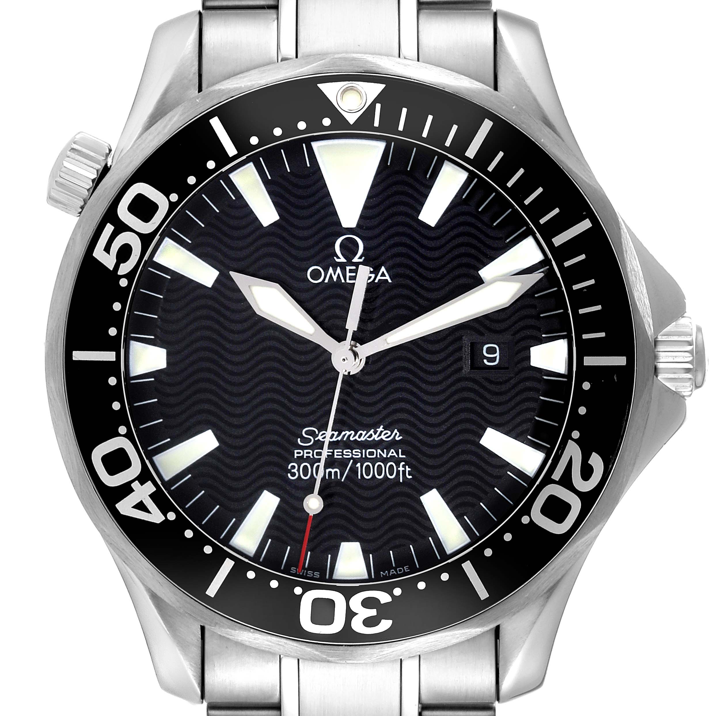 The image shows a front view of the Omega Seamaster 58220 Men
s Stainless Steel Black Dial 58220 Men
s Stainless Steel Black Dial watch featuring the dial, bezel, and stainless steel bracelet.