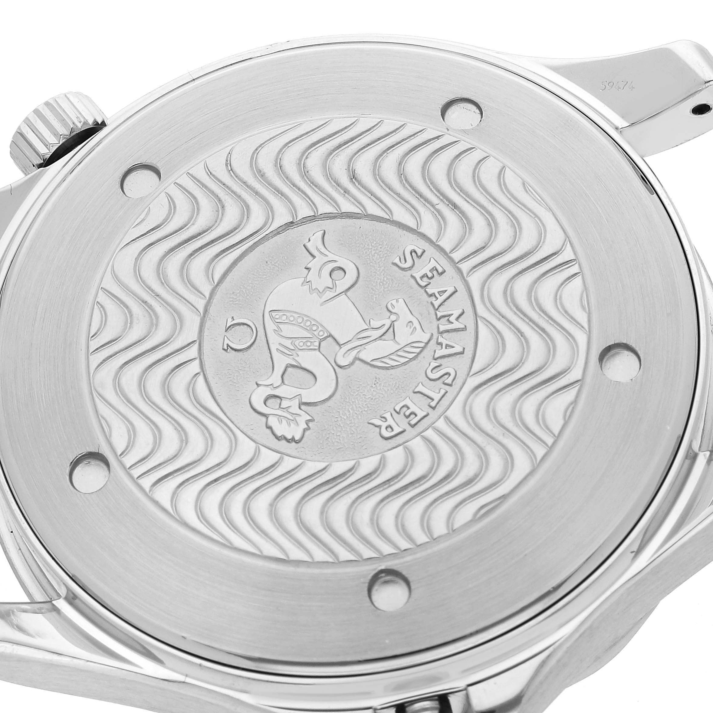 The image shows the back case of an Omega Seamaster 58220 Men
s Stainless Steel Black Dial 58220 Men
s Stainless Steel Black Dial watch, featuring the Seamaster logo and wave pattern.