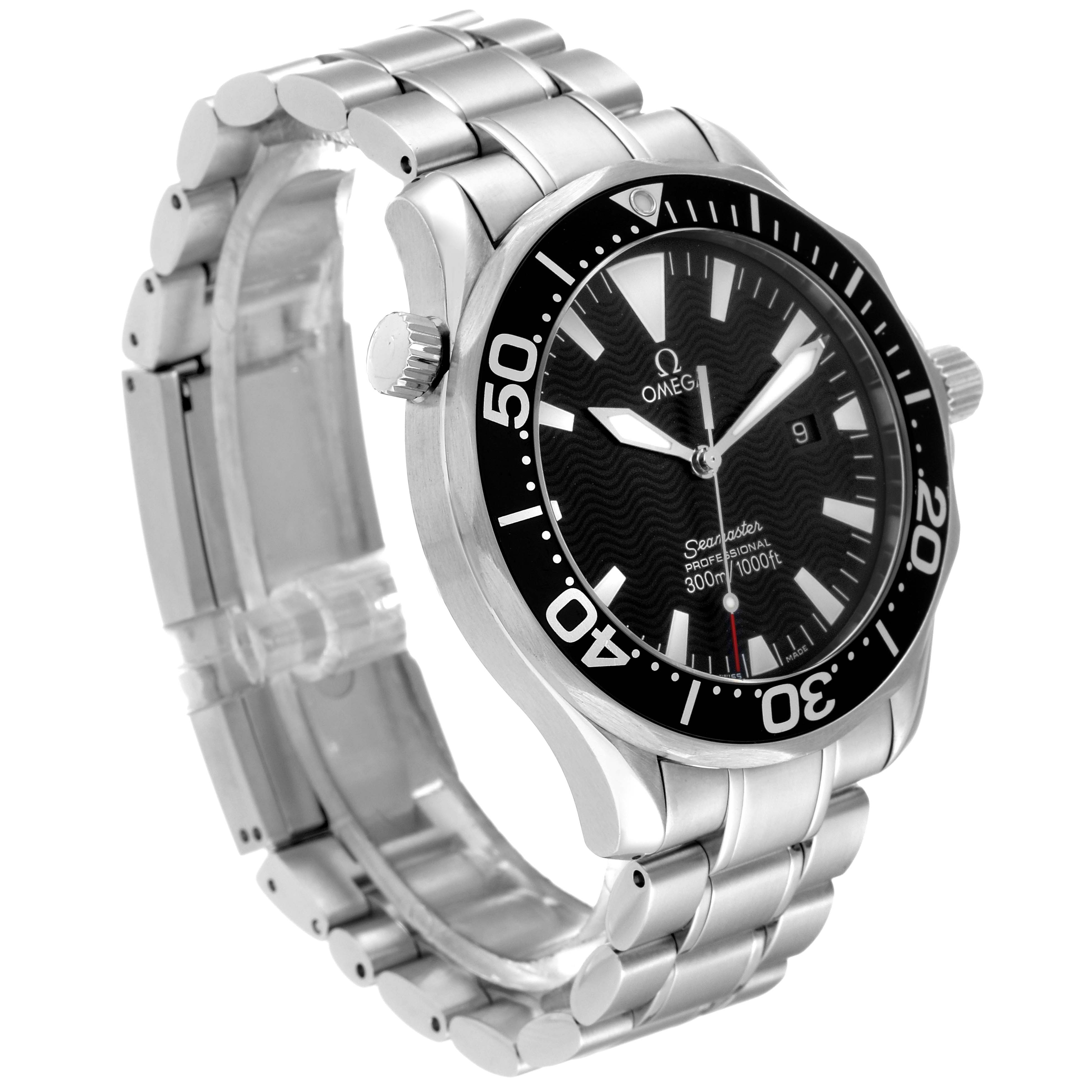 The Omega Seamaster 58220 Men
s Stainless Steel Black Dial 58220 Men
s Stainless Steel Black Dial watch is shown at a three-quarter angle, displaying its stainless steel bracelet, bezel, dial, and crown.