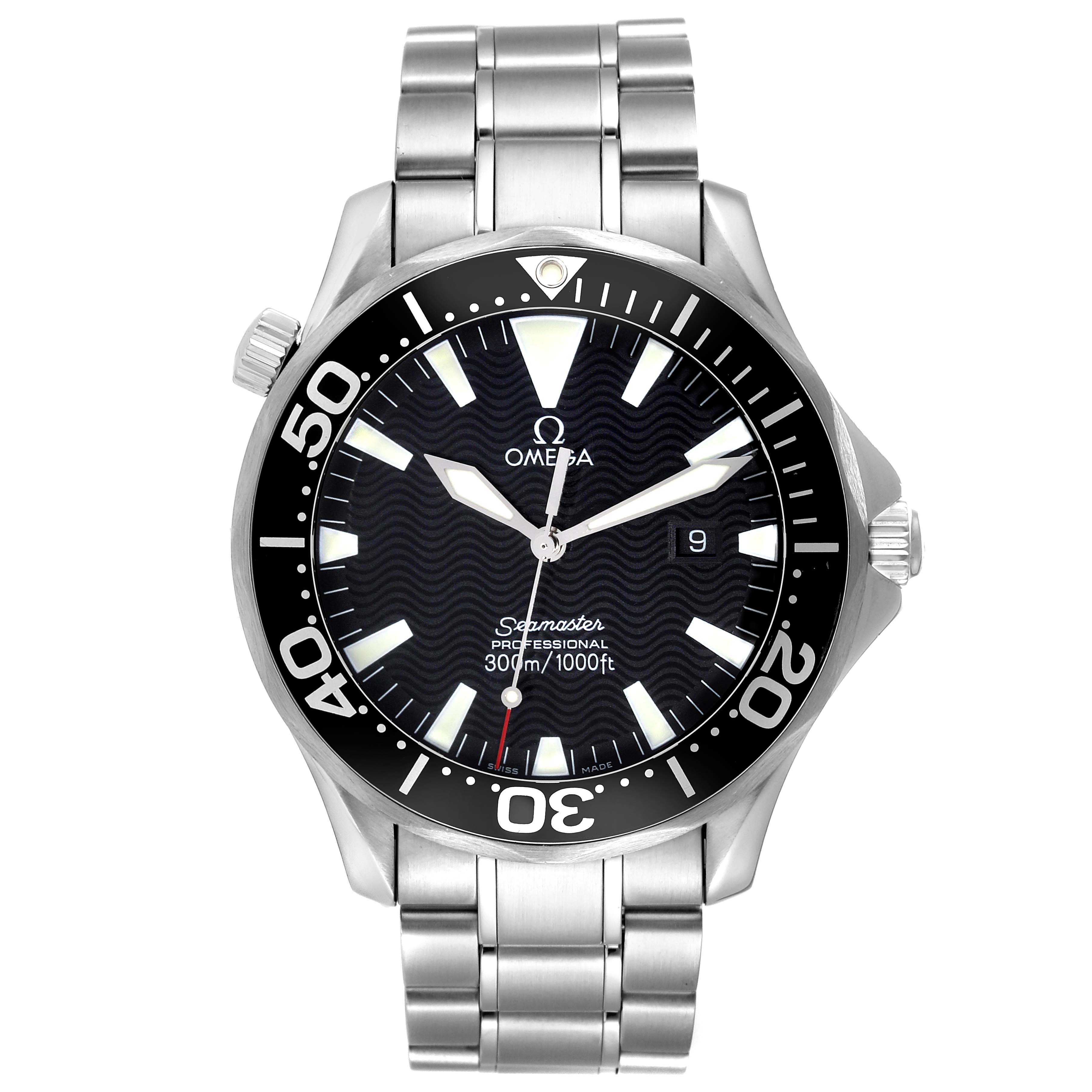 The image shows the front view of an Omega Seamaster 58220 Men
s Stainless Steel Black Dial 58220 Men
s Stainless Steel Black Dial watch with a stainless steel bracelet and black dial.