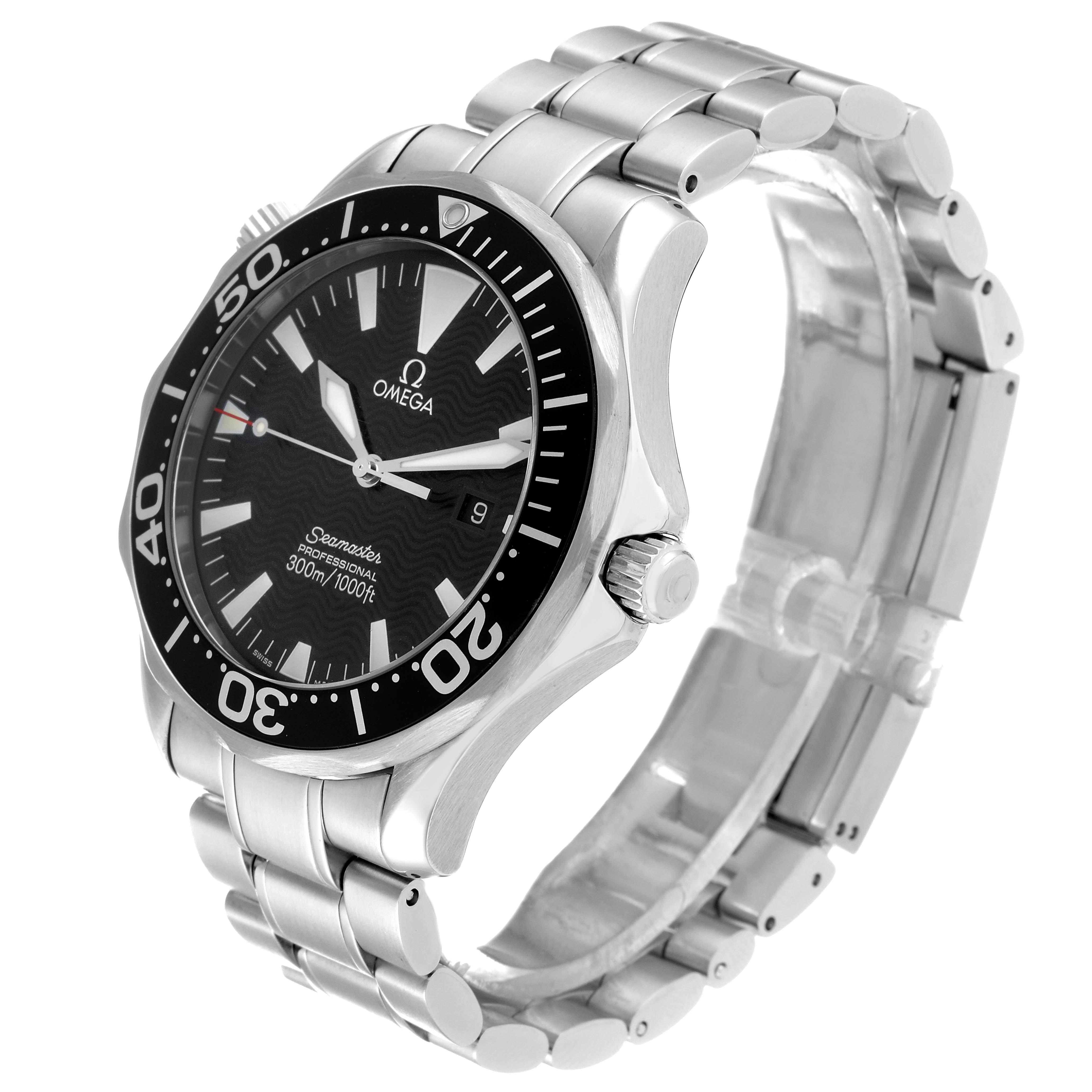 This image shows the Omega Seamaster 58220 Men
s Stainless Steel Black Dial 58220 Men
s Stainless Steel Black Dial watch from a side angle, highlighting its face, bezel, crown, and metal bracelet.