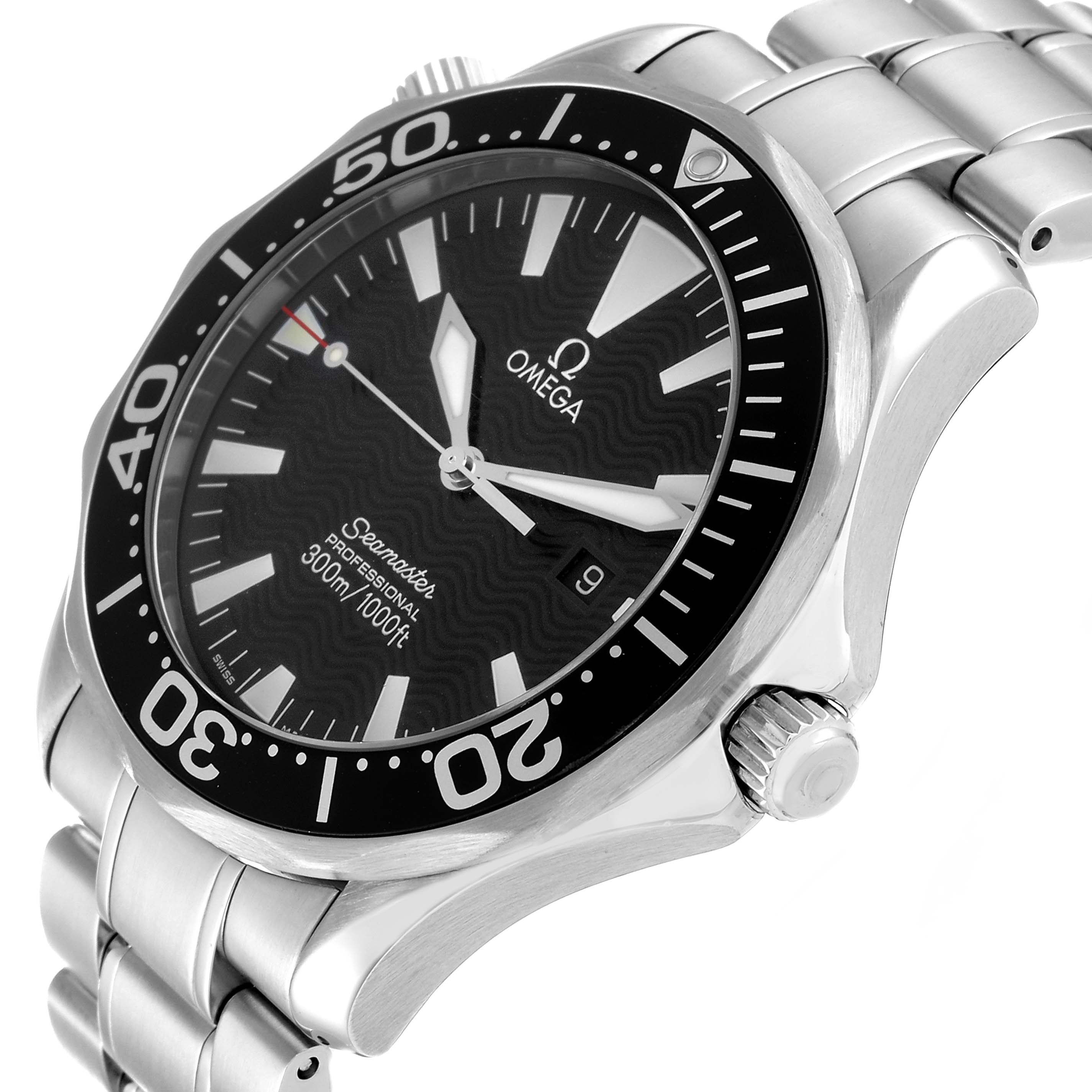 The Omega Seamaster 58220 Men
s Stainless Steel Black Dial 58220 Men
s Stainless Steel Black Dial watch is shown at a slight angle, highlighting the face, bezel, crown, and part of the bracelet.