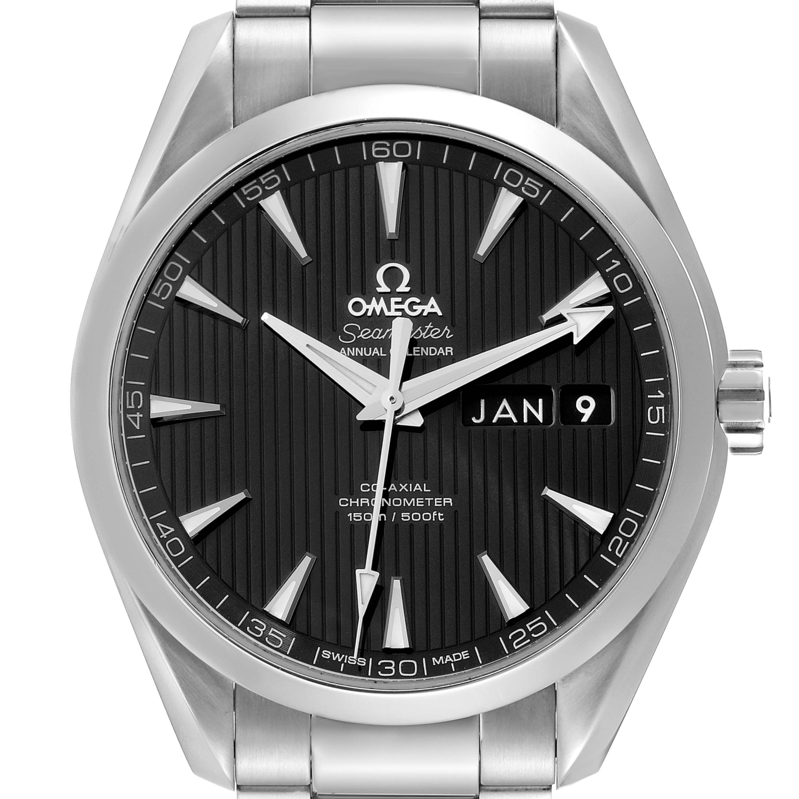 The image shows a front view of the Omega Aqua Terra 231.10.43.22.01.002 Men's Stainless Steel Black Dial 231.10.43.22.01.002 Men's Stainless Steel Black Dial watch, highlighting the dial, hands, and date window.