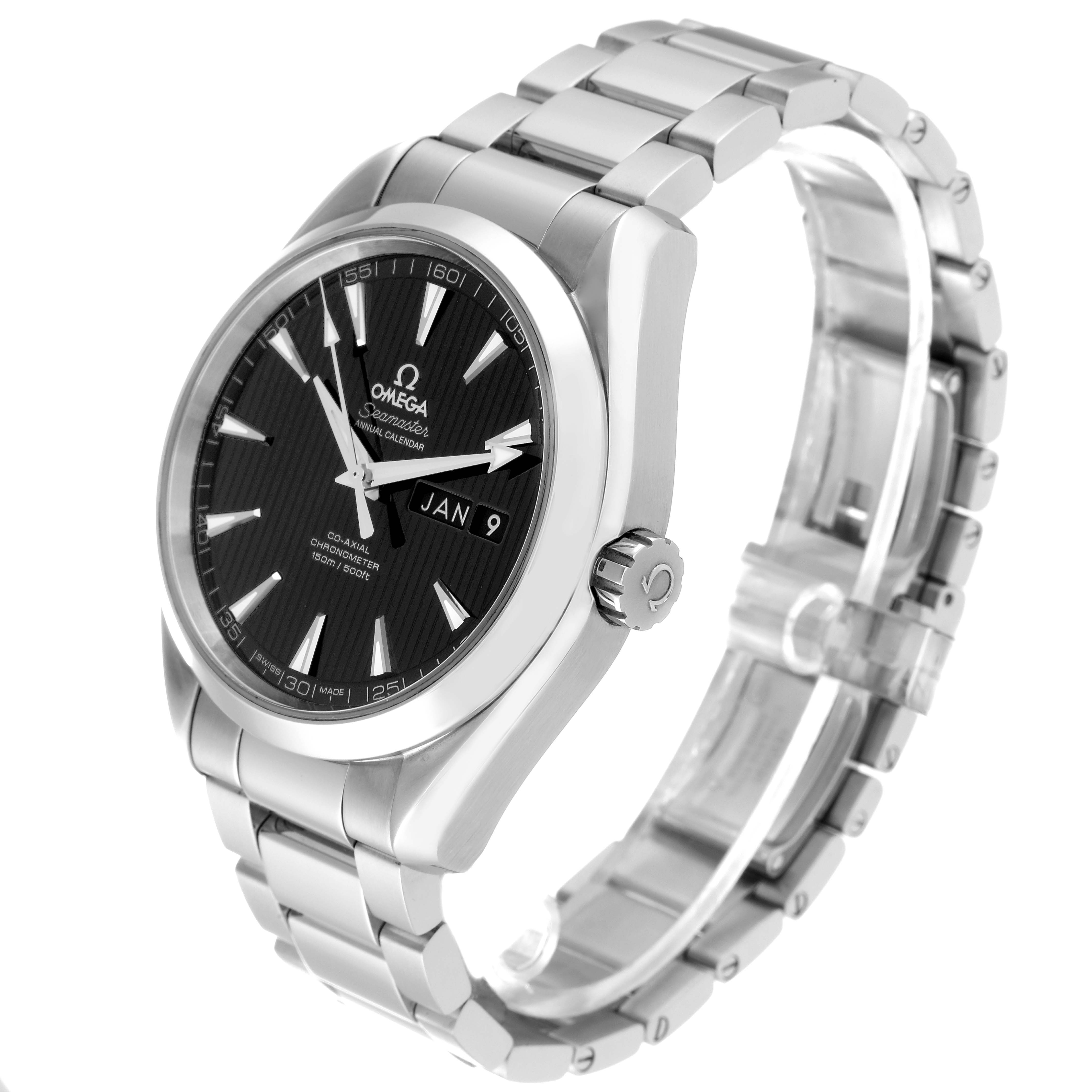 The image shows the Omega Aqua Terra 231.10.43.22.01.002 Men's Stainless Steel Black Dial 231.10.43.22.01.002 Men's Stainless Steel Black Dial watch at a three-quarter angle, highlighting the face, bezel, crown, and bracelet.