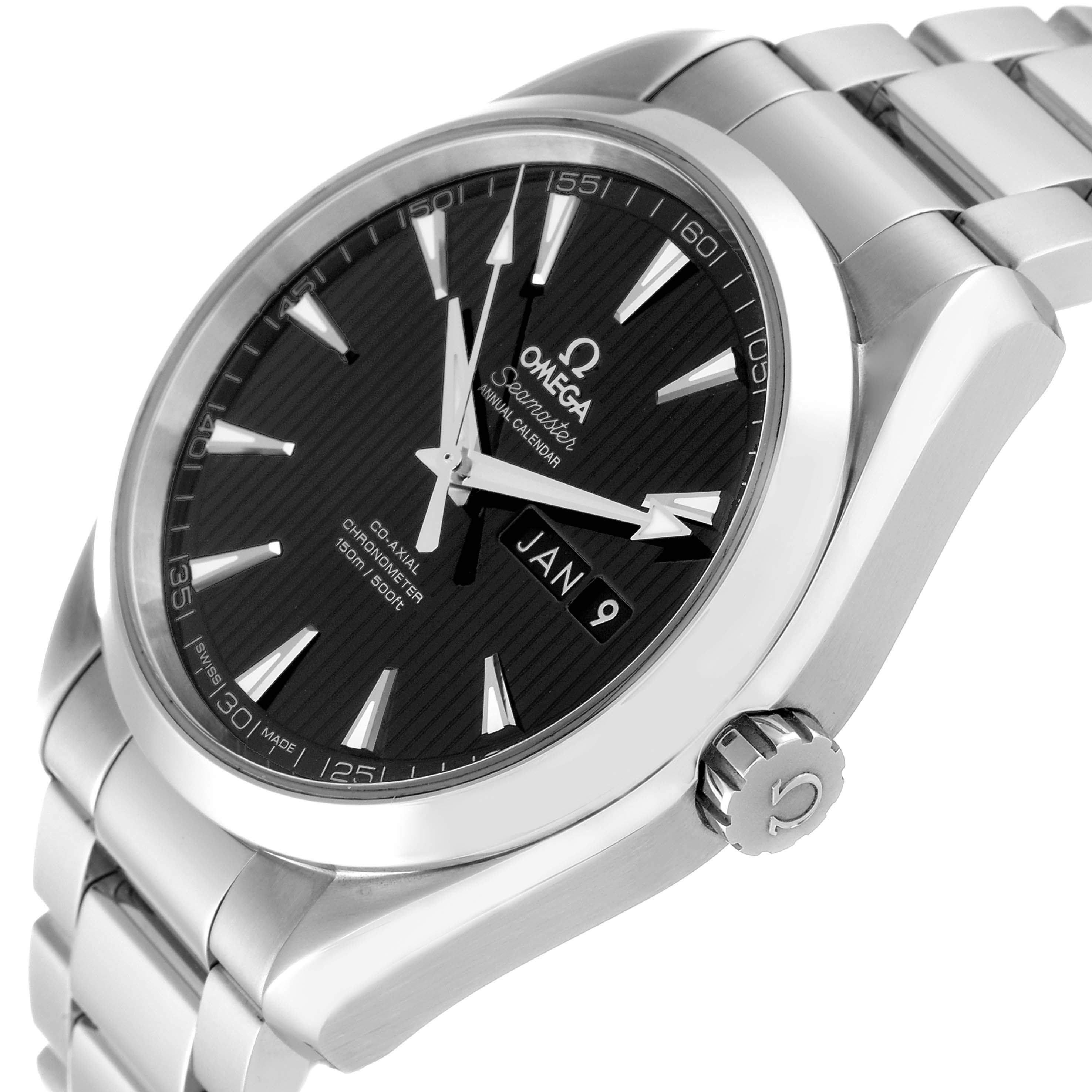 The Omega Aqua Terra 231.10.43.22.01.002 Men's Stainless Steel Black Dial 231.10.43.22.01.002 Men's Stainless Steel Black Dial watch is shown at an angled view, displaying its black dial, date display, and stainless steel bracelet.