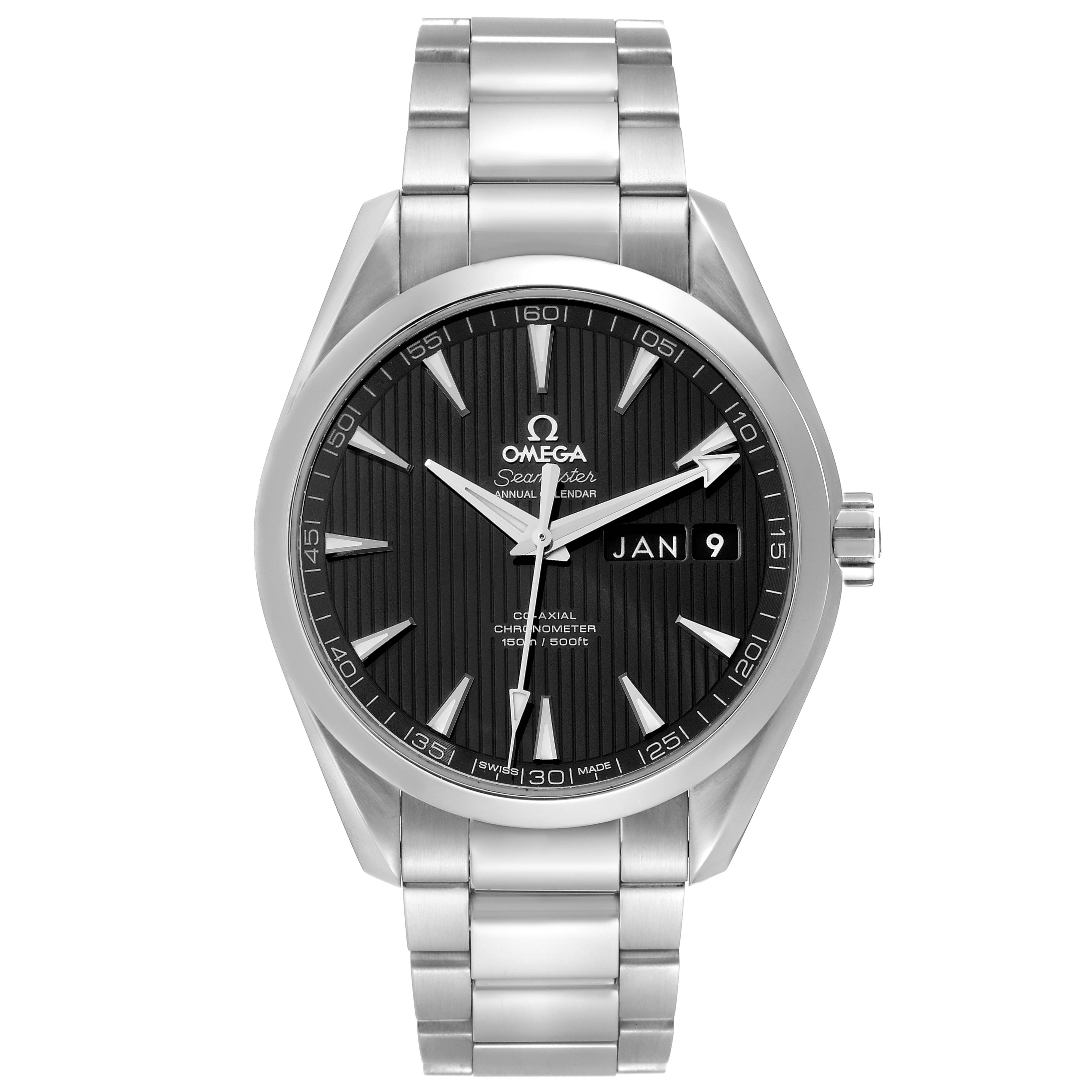 This Omega Aqua Terra 231.10.43.22.01.002 Men's Stainless Steel Black Dial 231.10.43.22.01.002 Men's Stainless Steel Black Dial watch is shown from a front angle displaying the dial, bezel, crown, and bracelet.