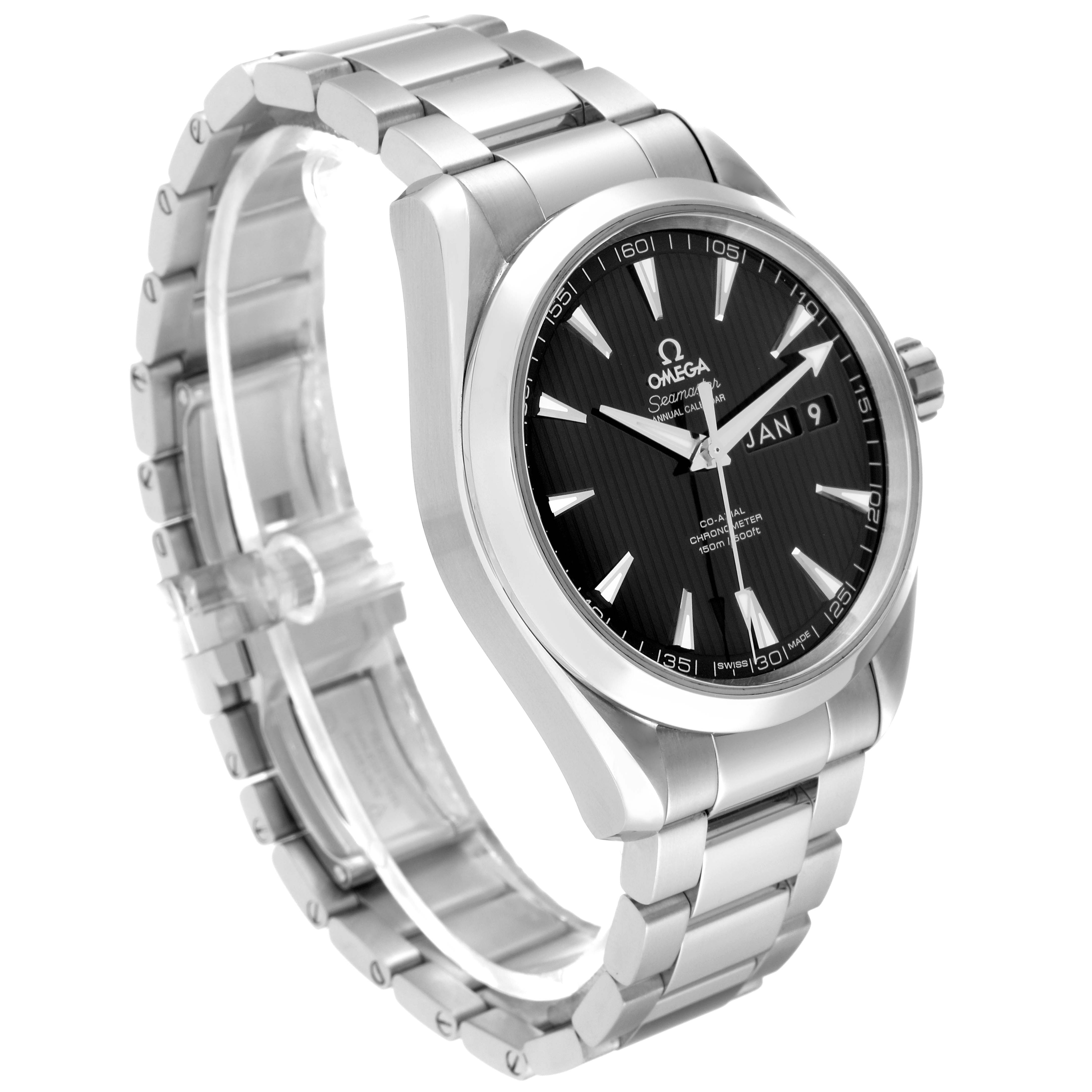 The Omega Aqua Terra 231.10.43.22.01.002 Men's Stainless Steel Black Dial 231.10.43.22.01.002 Men's Stainless Steel Black Dial watch is shown at a three-quarter angle, displaying its face and stainless steel bracelet.