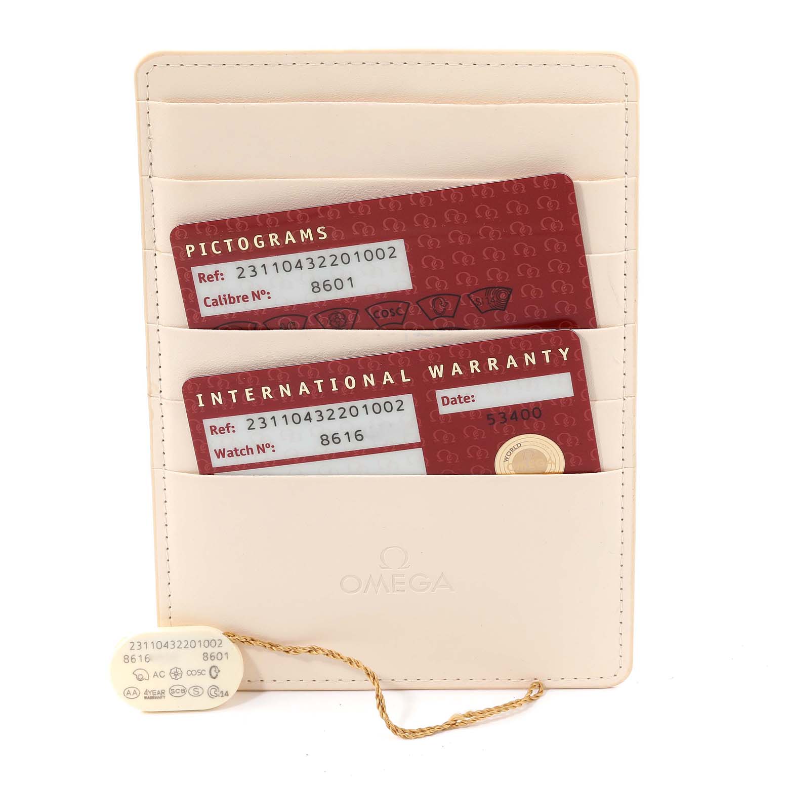 The image shows the warranty cards and a tag associated with the Omega Aqua Terra 231.10.43.22.01.002 Men's Stainless Steel Black Dial 231.10.43.22.01.002 Men's Stainless Steel Black Dial model.