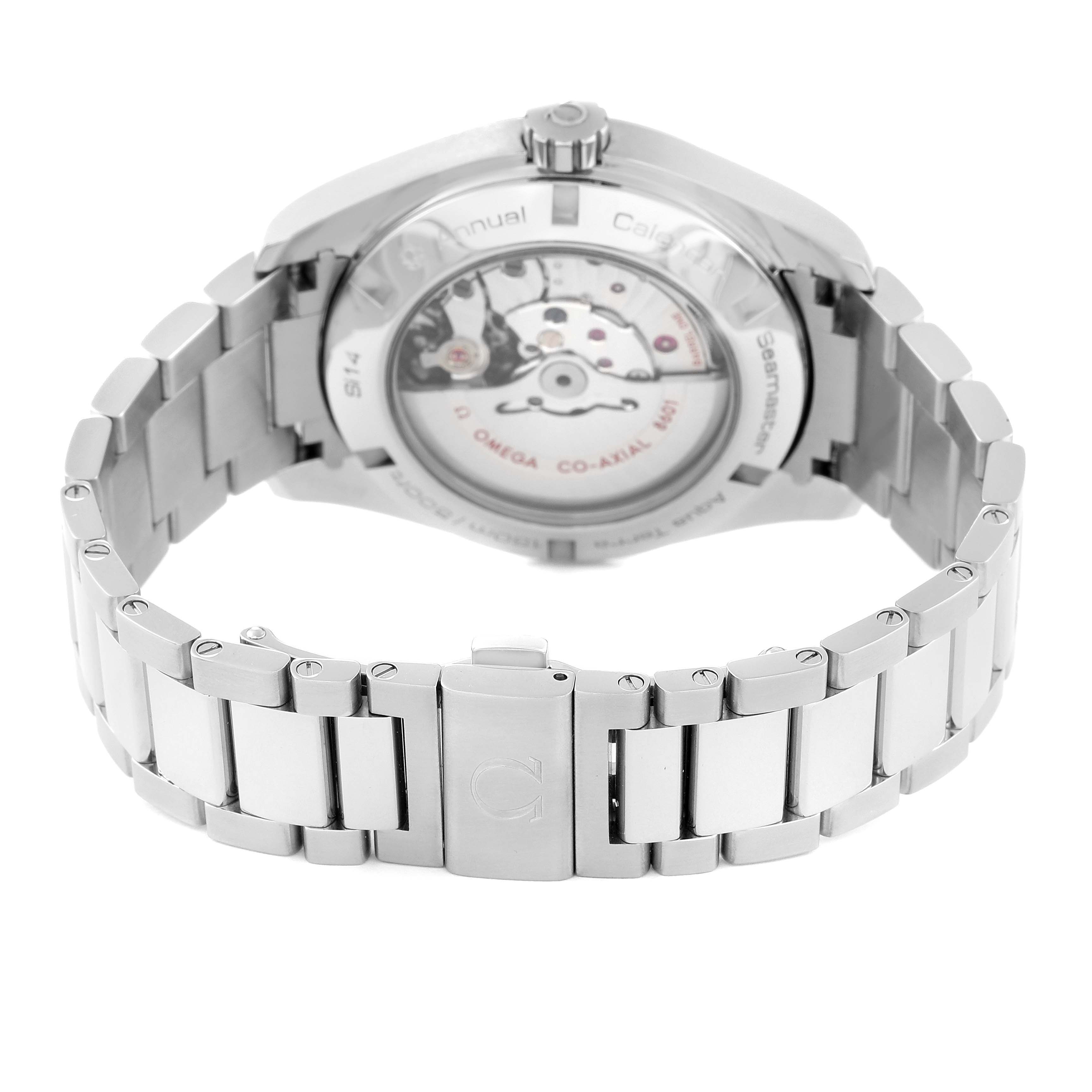 The image shows the back view of an Omega Aqua Terra 231.10.43.22.01.002 Men's Stainless Steel Black Dial 231.10.43.22.01.002 Men's Stainless Steel Black Dial watch, highlighting the metal band and visible movement through the case back.