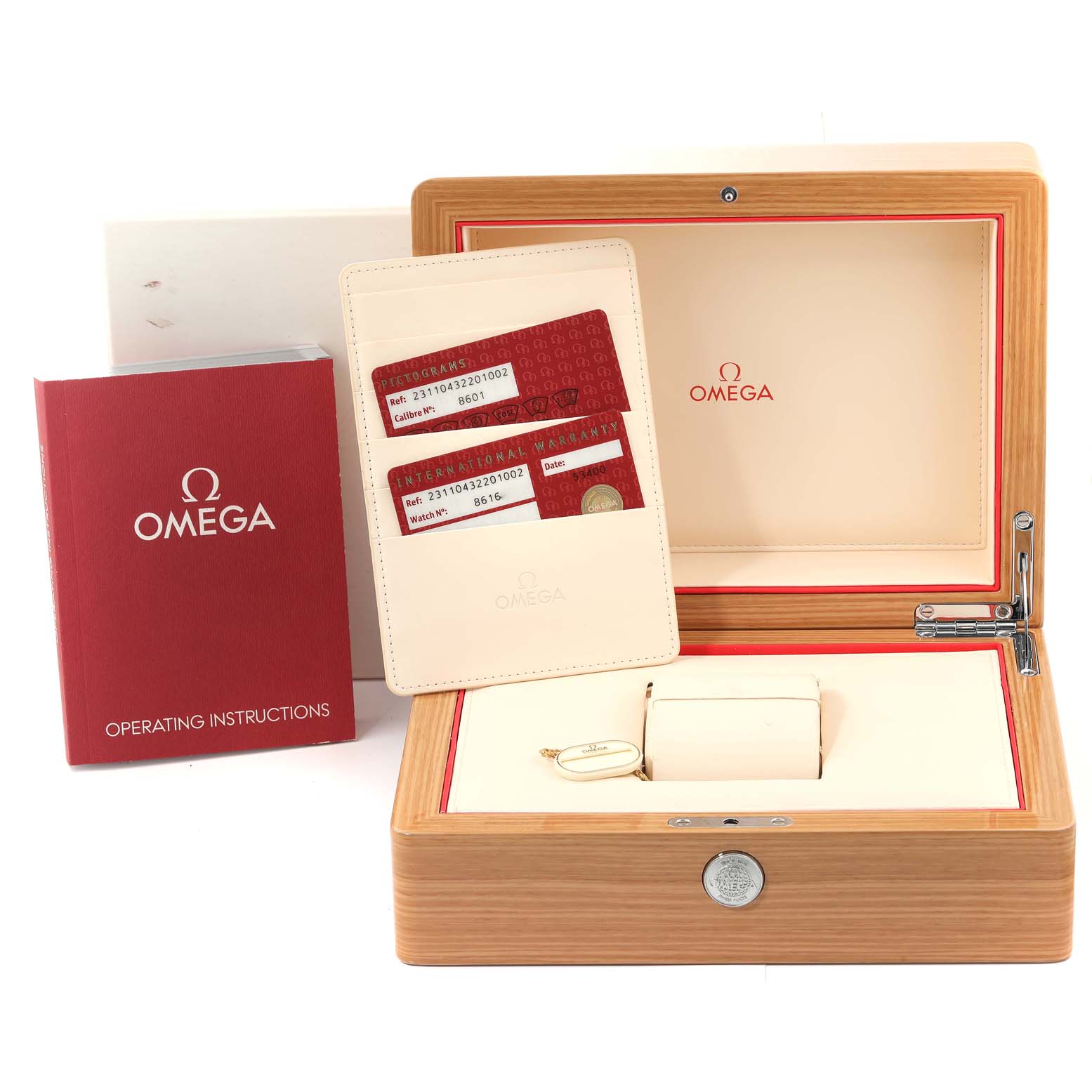 The image shows an Omega Aqua Terra 231.10.43.22.01.002 Men's Stainless Steel Black Dial 231.10.43.22.01.002 Men's Stainless Steel Black Dial watch box, warranty cards, and operating instructions from a straight-on angle.