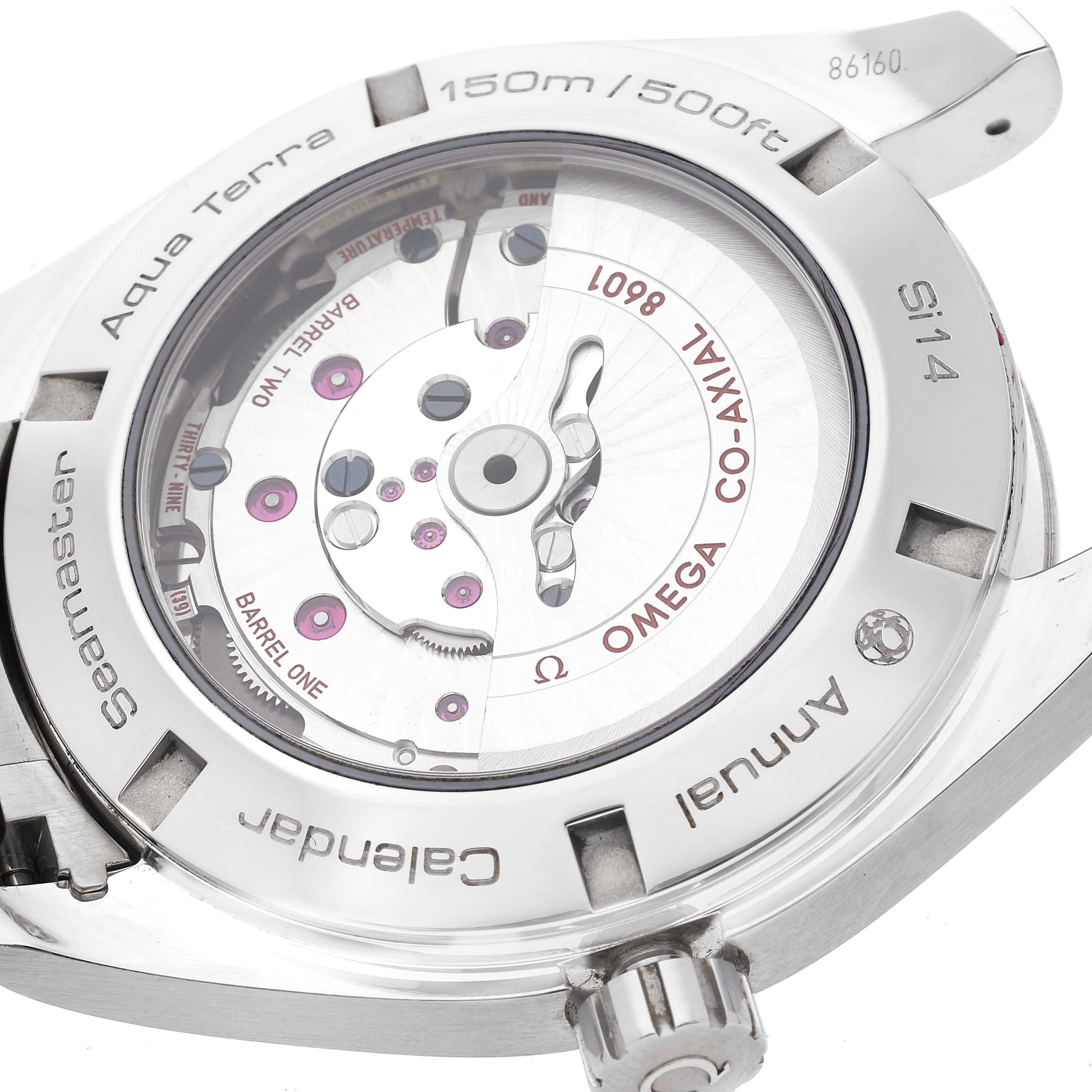 The image shows the back case of the Omega Aqua Terra 231.10.43.22.01.002 Men's Stainless Steel Black Dial 231.10.43.22.01.002 Men's Stainless Steel Black Dial watch, revealing the Co-Axial mechanical movement inside.