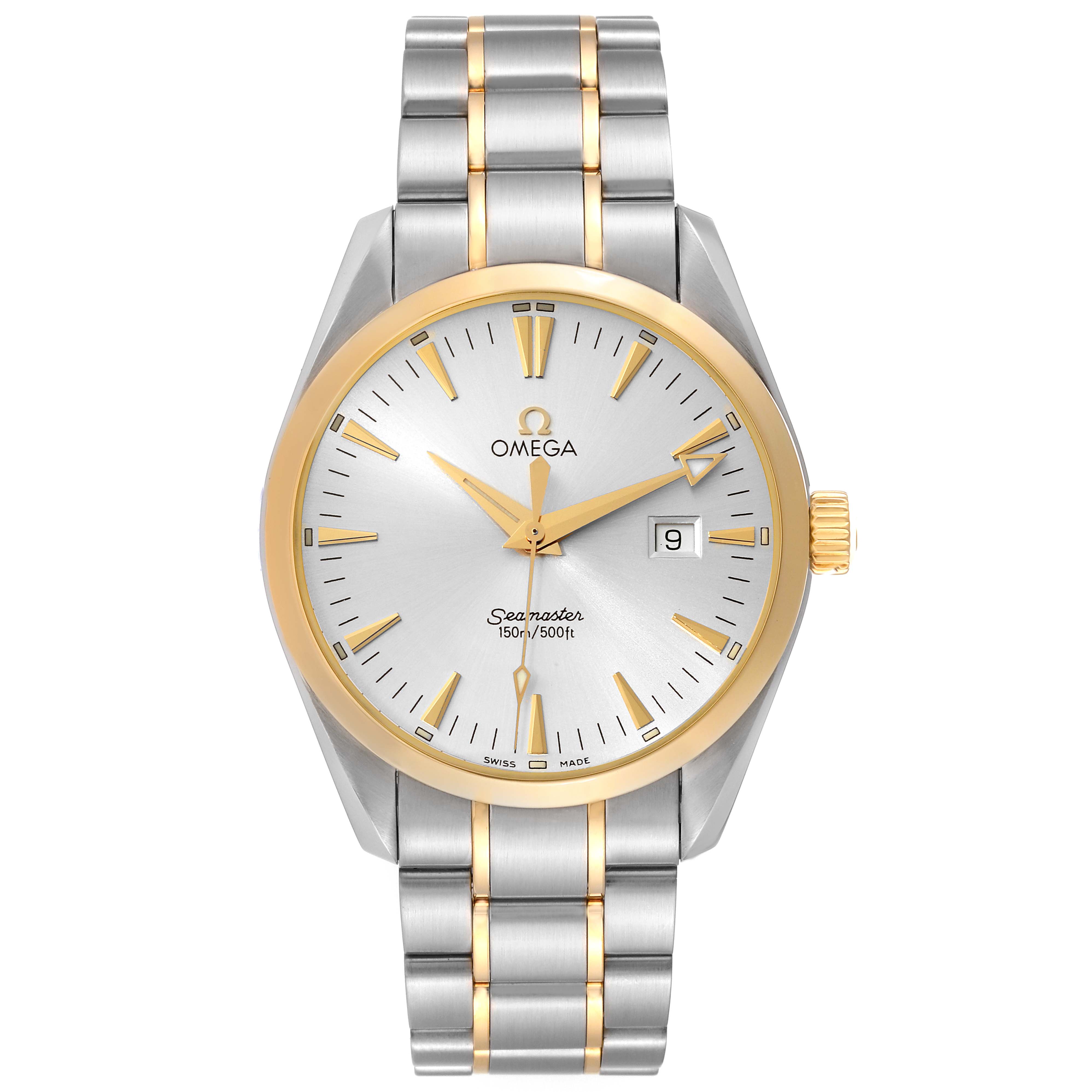 The image shows a front view of the Omega Aqua Terra 2317.30.00 Men
s Steel and Gold (two tone) Silver Dial 2317.30.00 Men
s Steel and Gold (two tone) Silver Dial watch, highlighting its dial, hands, bezel, and bracelet.