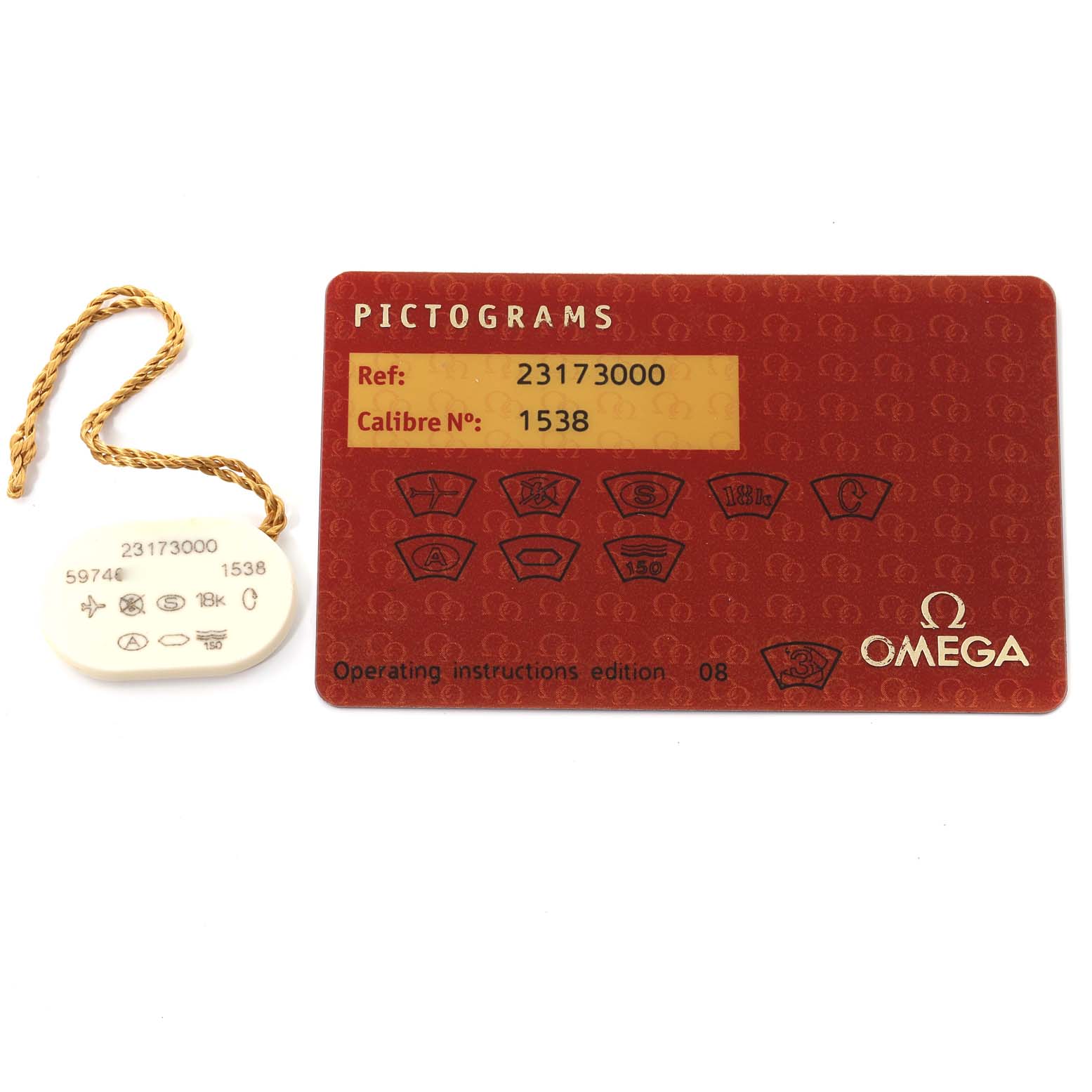 This image shows the pictogram card and accessory tag for the Omega Aqua Terra 2317.30.00 Men
s Steel and Gold (two tone) Silver Dial 2317.30.00 Men
s Steel and Gold (two tone) Silver Dial model with reference number 23173000.