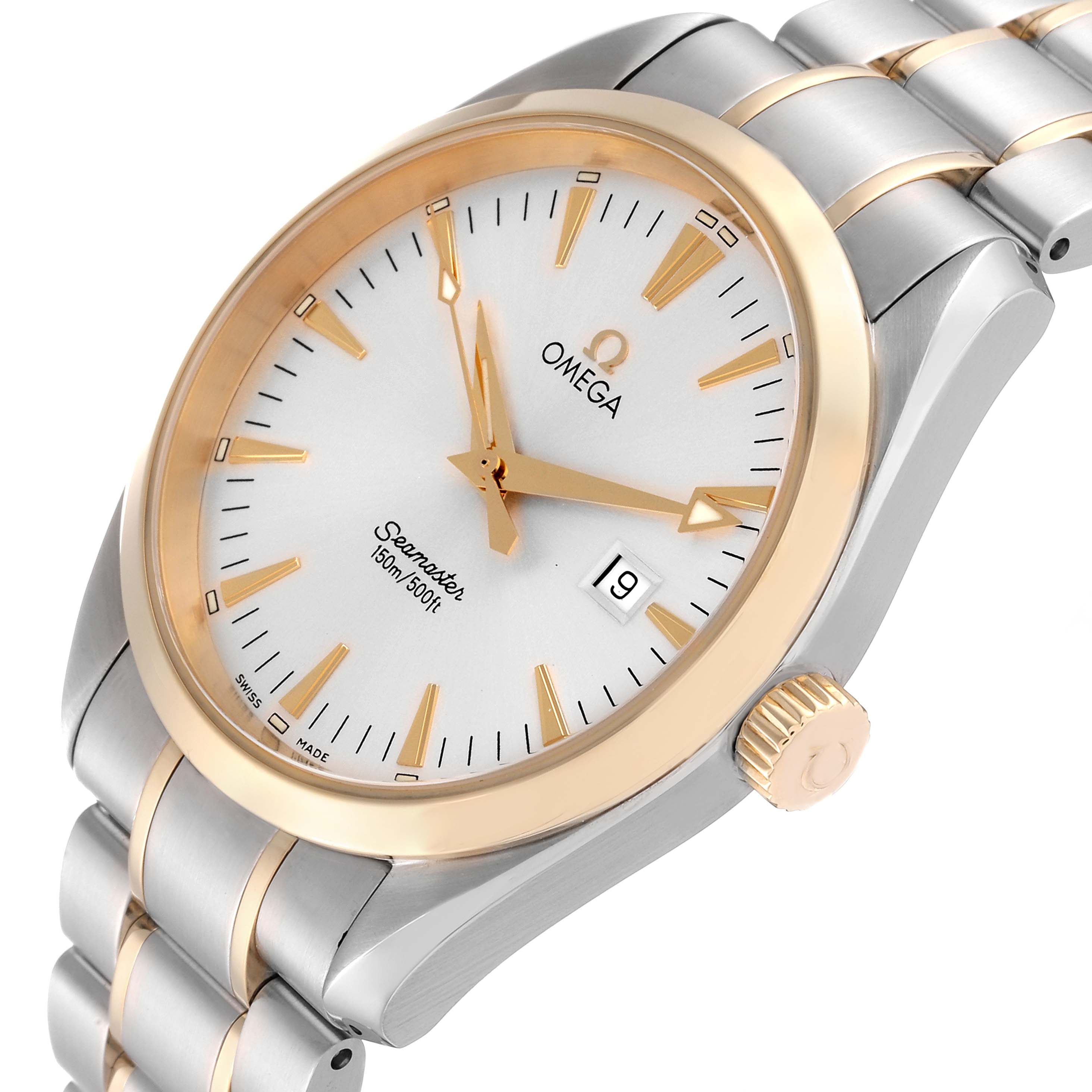 The Omega Aqua Terra 2317.30.00 Men
s Steel and Gold (two tone) Silver Dial 2317.30.00 Men
s Steel and Gold (two tone) Silver Dial watch is shown from an angled view, highlighting the dial, bezel, crown, and part of the bracelet.
