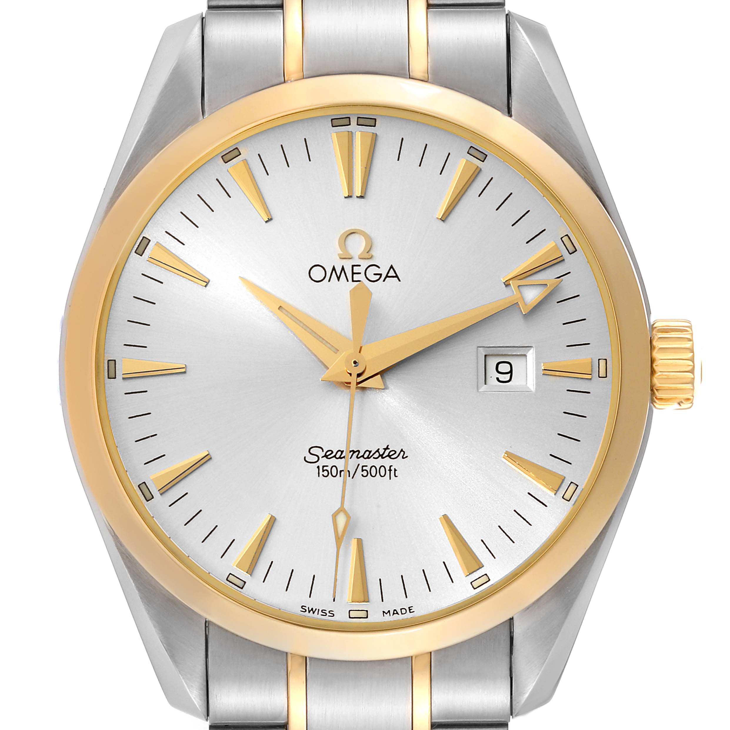 The image displays a front view of the Omega Aqua Terra 2317.30.00 Men
s Steel and Gold (two tone) Silver Dial 2317.30.00 Men
s Steel and Gold (two tone) Silver Dial Seamaster watch, highlighting its dial, bezel, and part of the bracelet.