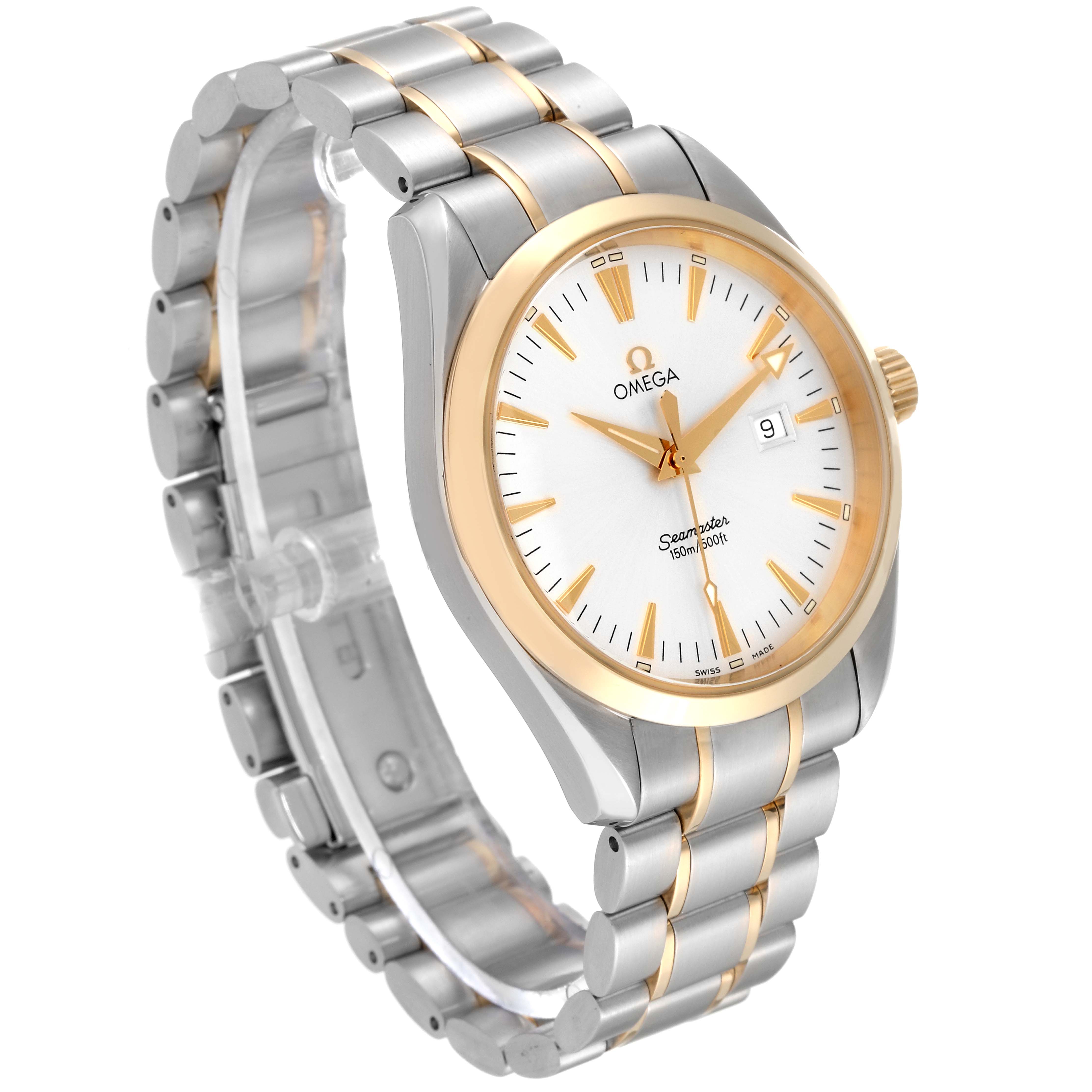 The image shows a side-angle view of the Omega Aqua Terra 2317.30.00 Men
s Steel and Gold (two tone) Silver Dial 2317.30.00 Men
s Steel and Gold (two tone) Silver Dial watch, highlighting the dial, bezel, and bracelet.