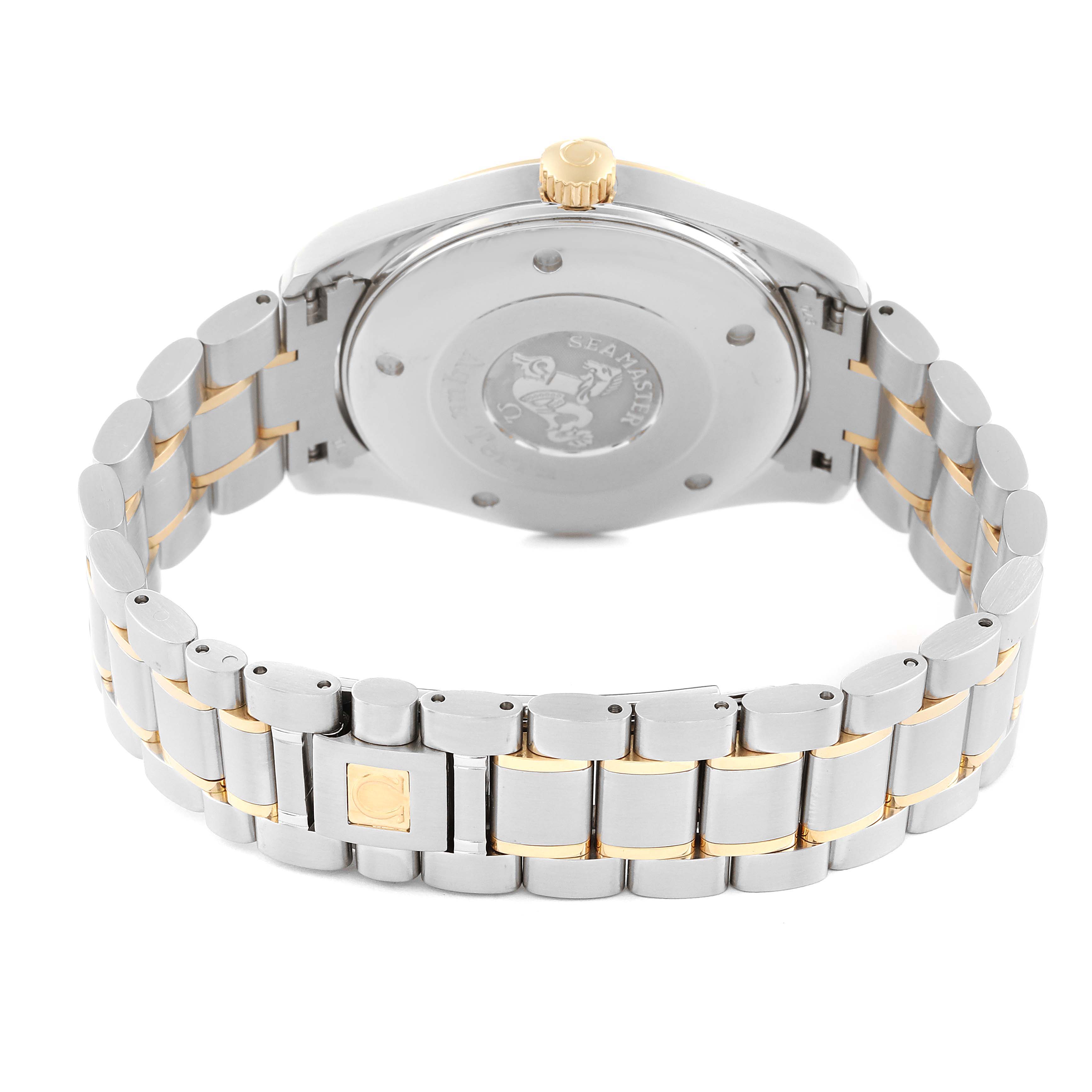 The image shows the back and part of the bracelet of the Omega Aqua Terra 2317.30.00 Men
s Steel and Gold (two tone) Silver Dial 2317.30.00 Men
s Steel and Gold (two tone) Silver Dial watch, highlighting the case back and clasp.