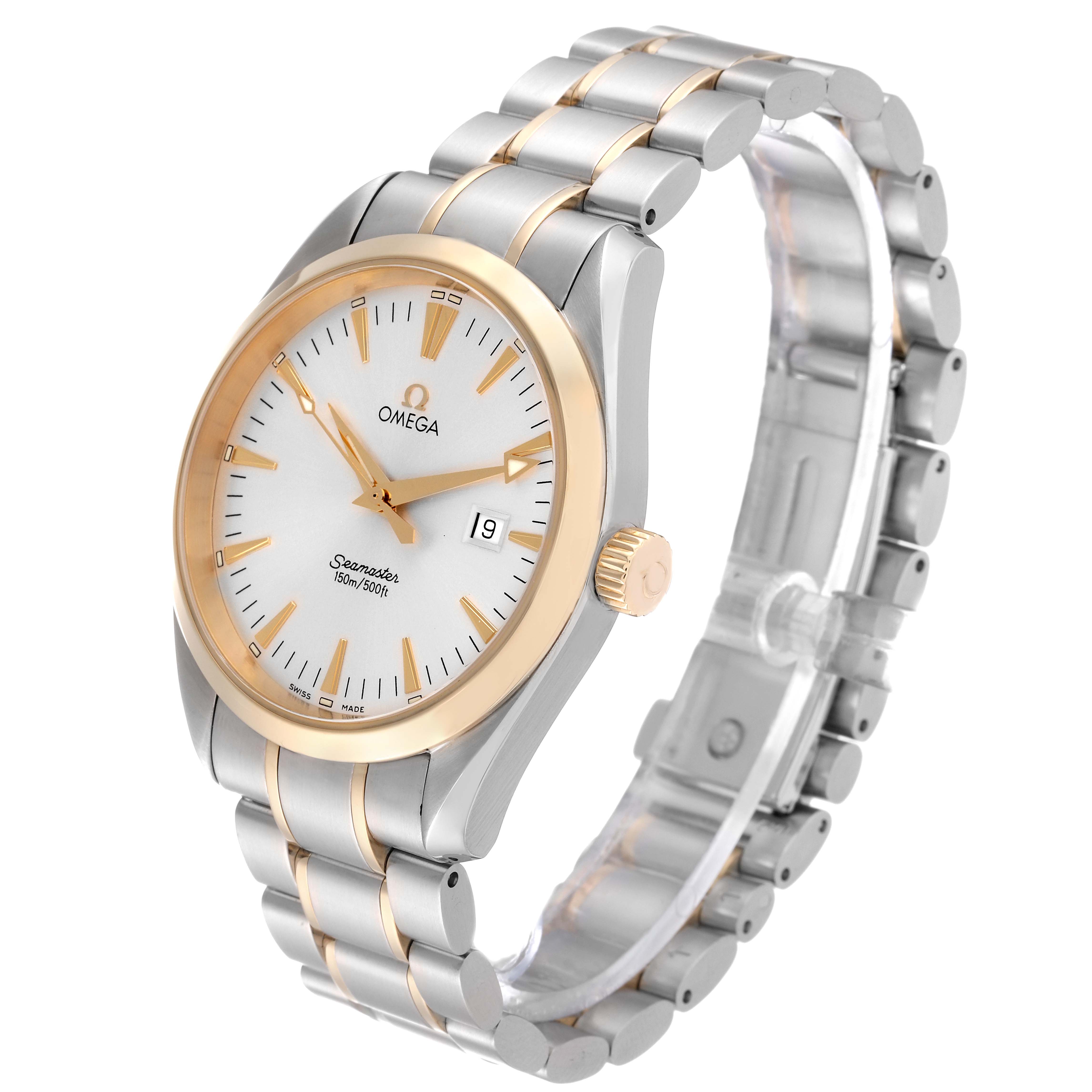 The image shows an Omega Aqua Terra 2317.30.00 Men
s Steel and Gold (two tone) Silver Dial 2317.30.00 Men
s Steel and Gold (two tone) Silver Dial watch angled from the front-right, displaying the dial, hands, crown, and bracelet.