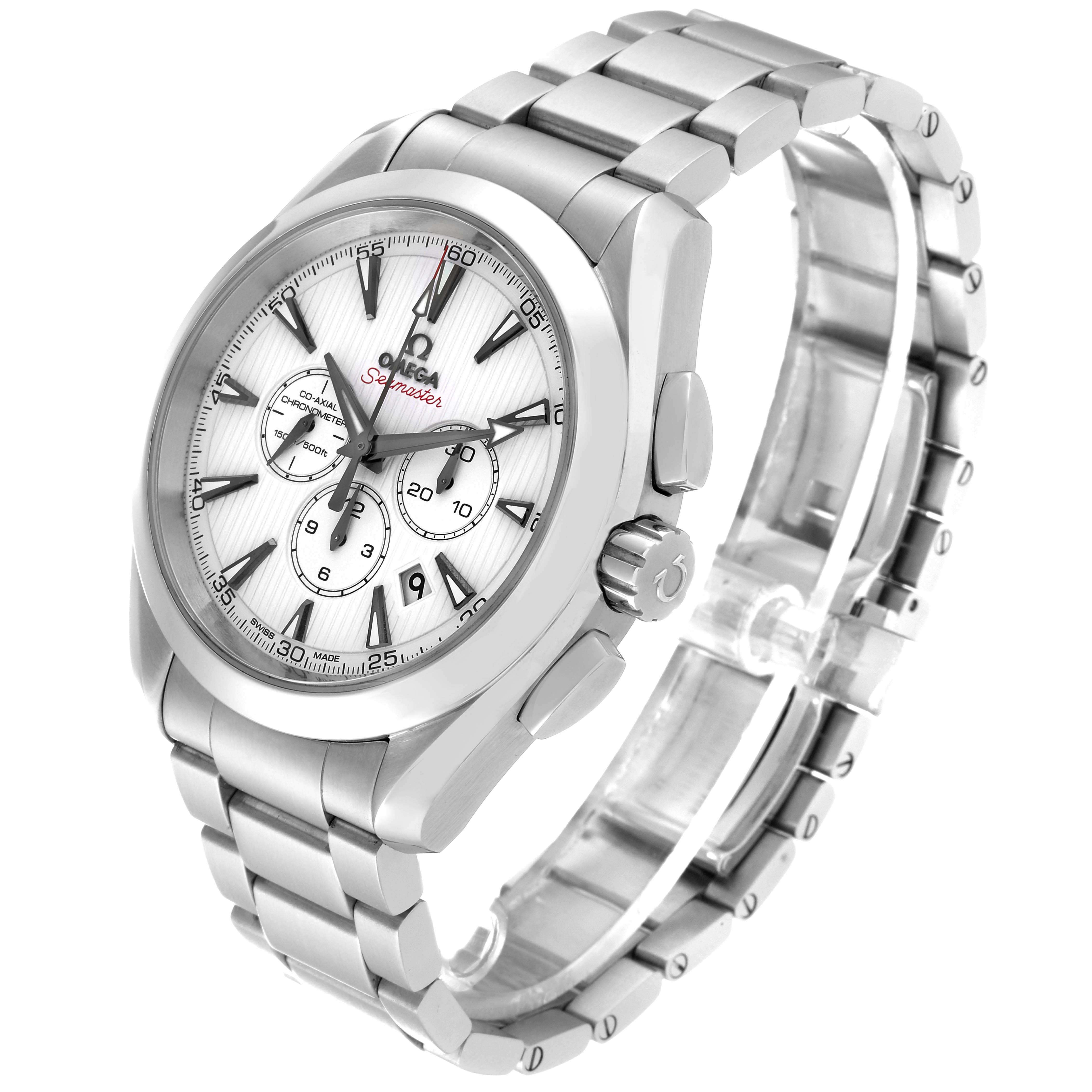 The image shows an Omega Aqua Terra 231.10.44.50.04.001 Men
s Stainless Steel White Dial 231.10.44.50.04.001 Men
s Stainless Steel White Dial watch at a 3/4 angle, highlighting the dial, bezel, crown, and stainless steel bracelet.