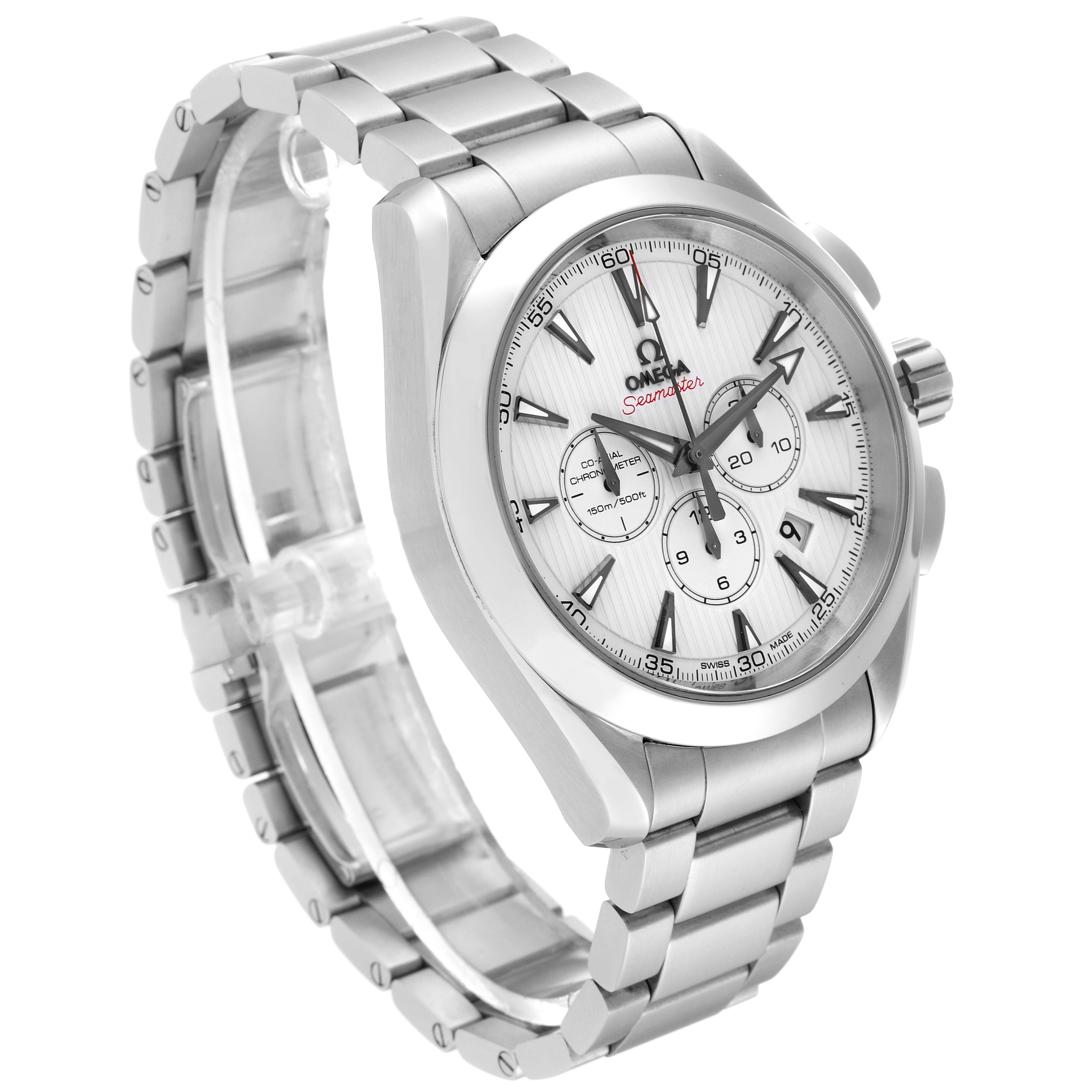 This image shows the Omega Aqua Terra 231.10.44.50.04.001 Men
s Stainless Steel White Dial 231.10.44.50.04.001 Men
s Stainless Steel White Dial watch from an angled perspective, highlighting its face, bracelet, and chronograph features.