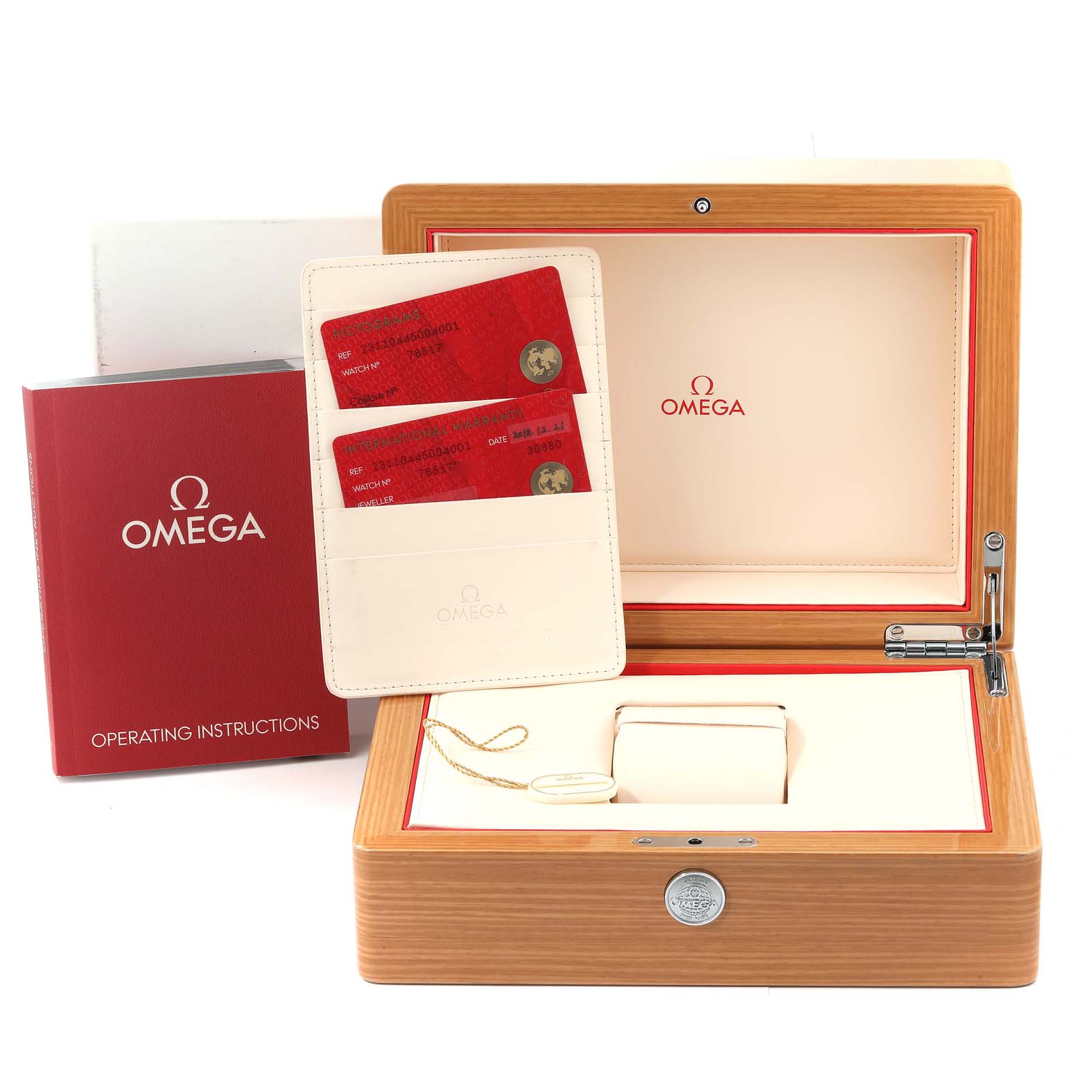 The image shows the Omega Aqua Terra 231.10.44.50.04.001 Men
s Stainless Steel White Dial 231.10.44.50.04.001 Men
s Stainless Steel White Dial watch box, warranty cards, and operating instructions from a top-front angle.