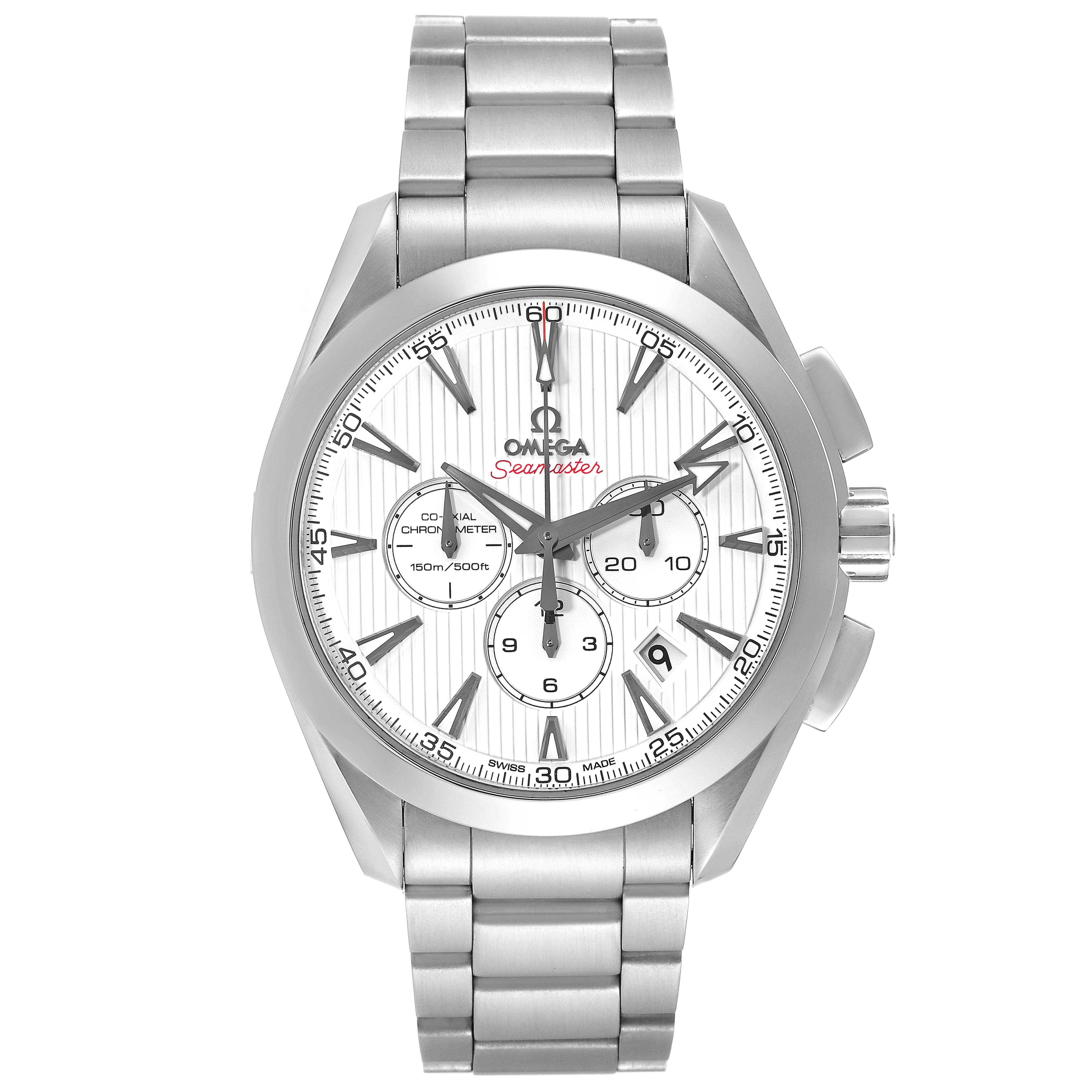 The image shows a front view of the Omega Aqua Terra 231.10.44.50.04.001 Men
s Stainless Steel White Dial 231.10.44.50.04.001 Men
s Stainless Steel White Dial Seamaster watch, displaying its face, bracelet, and chronograph features.