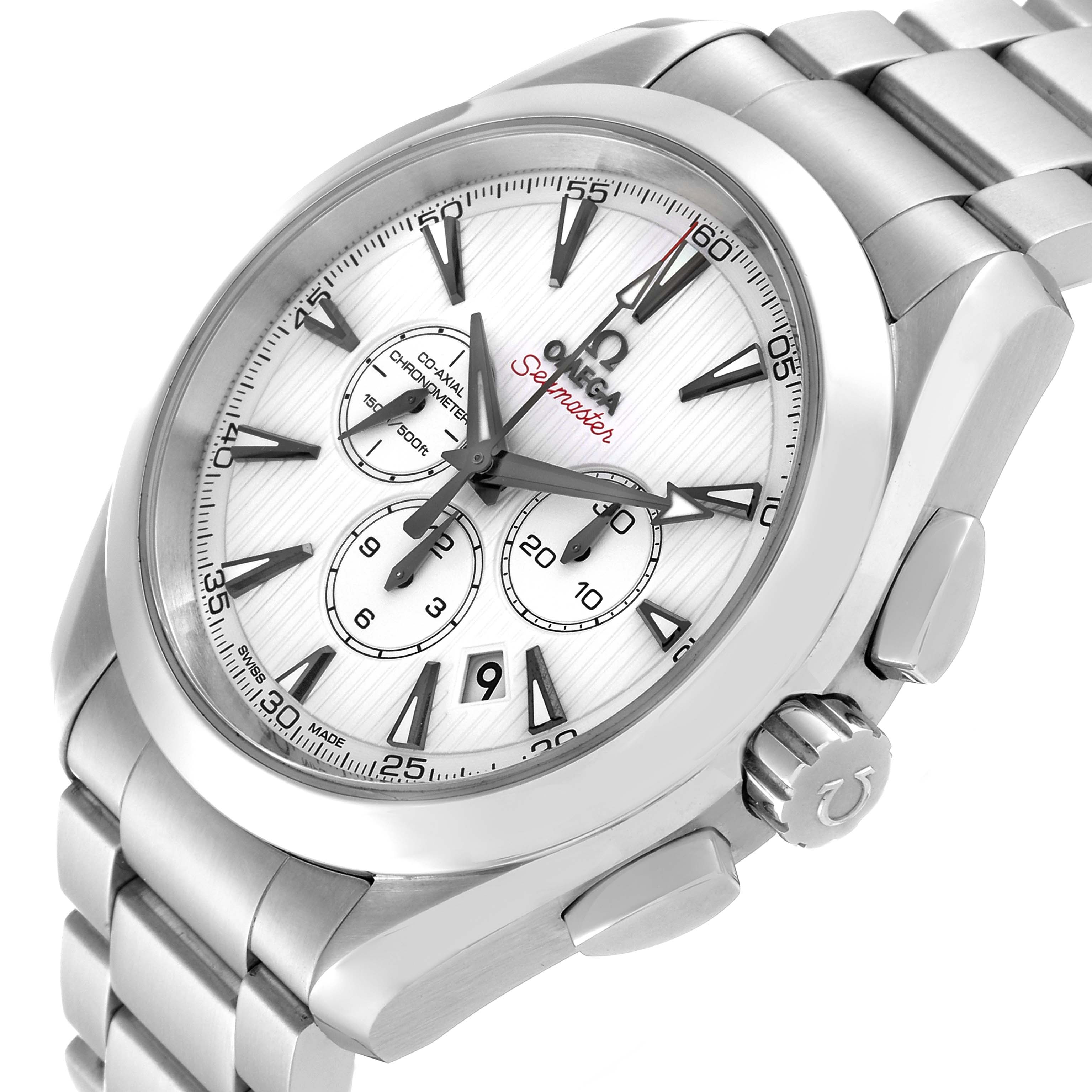 The image shows an angled view of the Omega Aqua Terra 231.10.44.50.04.001 Men
s Stainless Steel White Dial 231.10.44.50.04.001 Men
s Stainless Steel White Dial watch, including the face, crown, and attached metal bracelet.