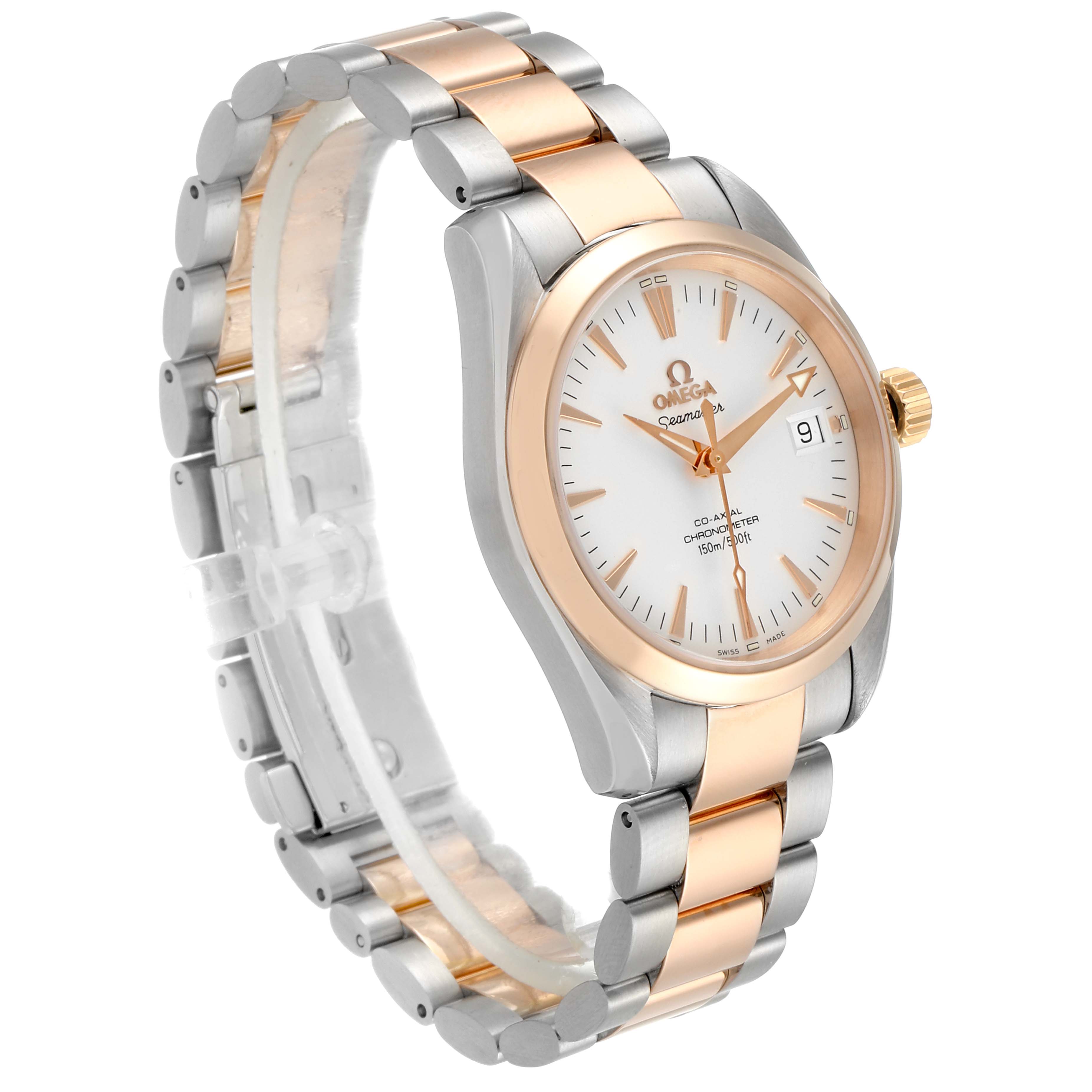 The image shows the front and side angle of the Omega Aqua Terra 2304.30.00 Men's Steel and Gold (two tone) Silver Dial 2304.30.00 Men's Steel and Gold (two tone) Silver Dial watch, highlighting its bi-color strap and dial.