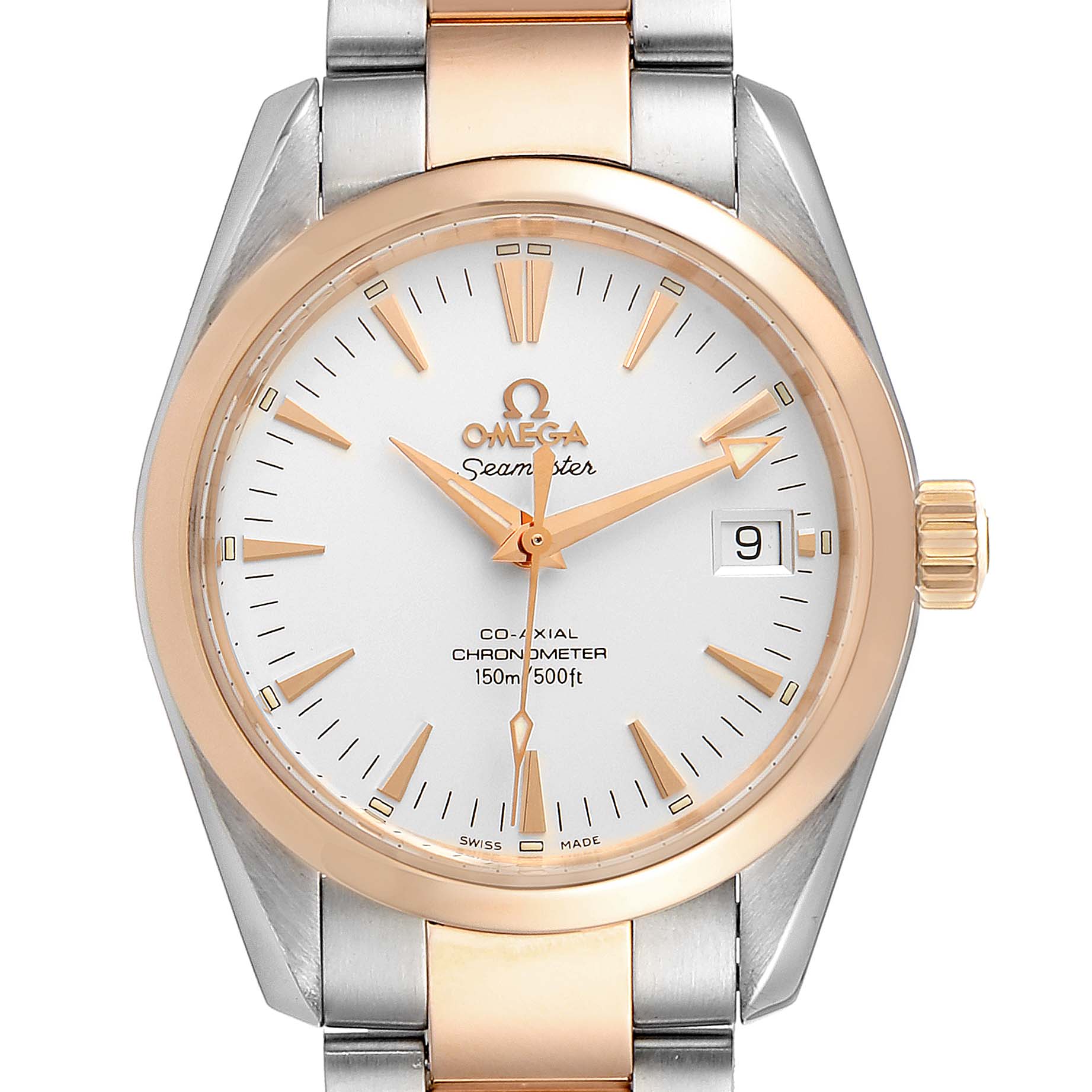 The image shows a front view of an Omega Aqua Terra 2304.30.00 Men's Steel and Gold (two tone) Silver Dial 2304.30.00 Men's Steel and Gold (two tone) Silver Dial watch, highlighting the dial, bezel, hour markers, and crown.