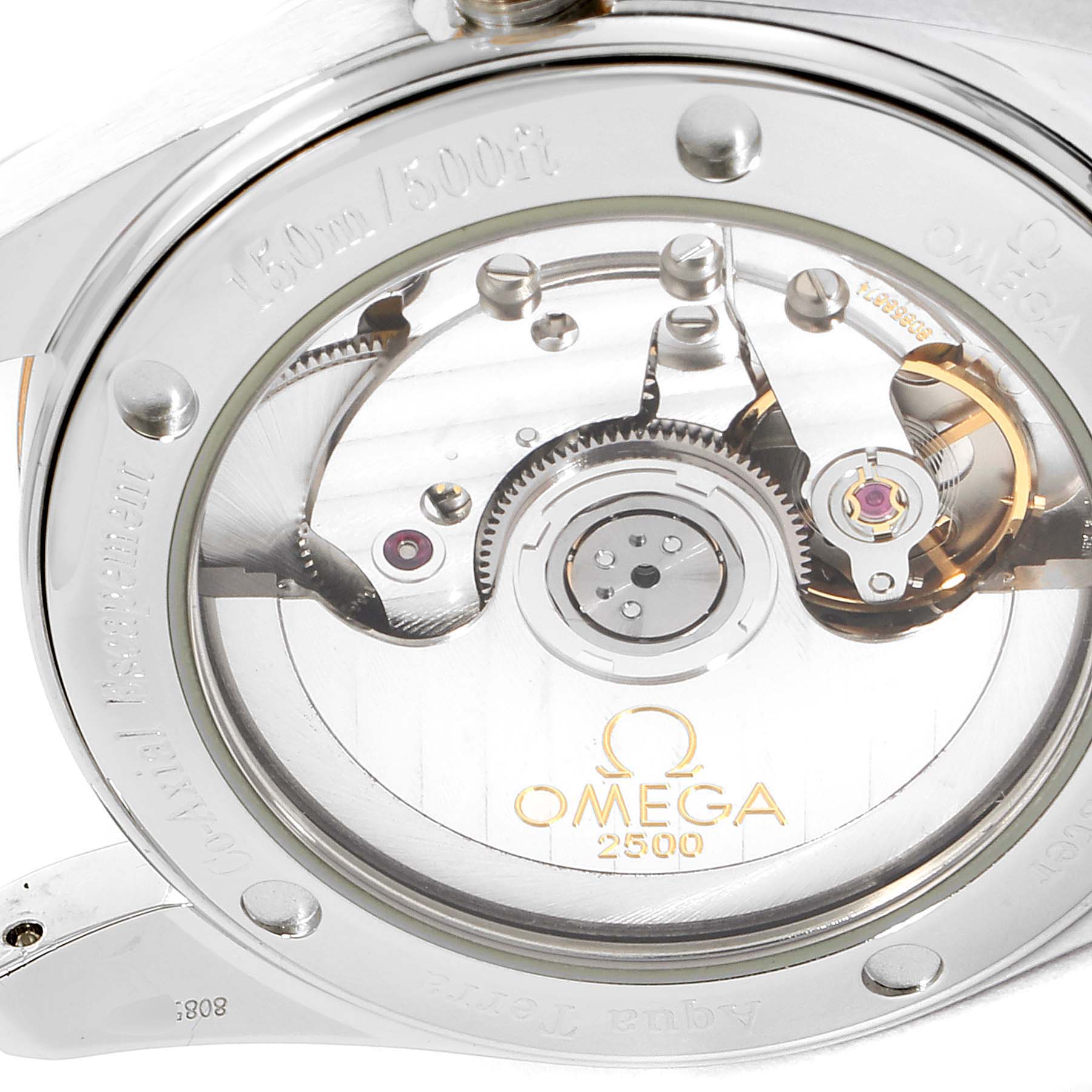 The image shows the case back of the Omega Aqua Terra 2304.30.00 Men's Steel and Gold (two tone) Silver Dial 2304.30.00 Men's Steel and Gold (two tone) Silver Dial watch, displaying its internal mechanical movement.