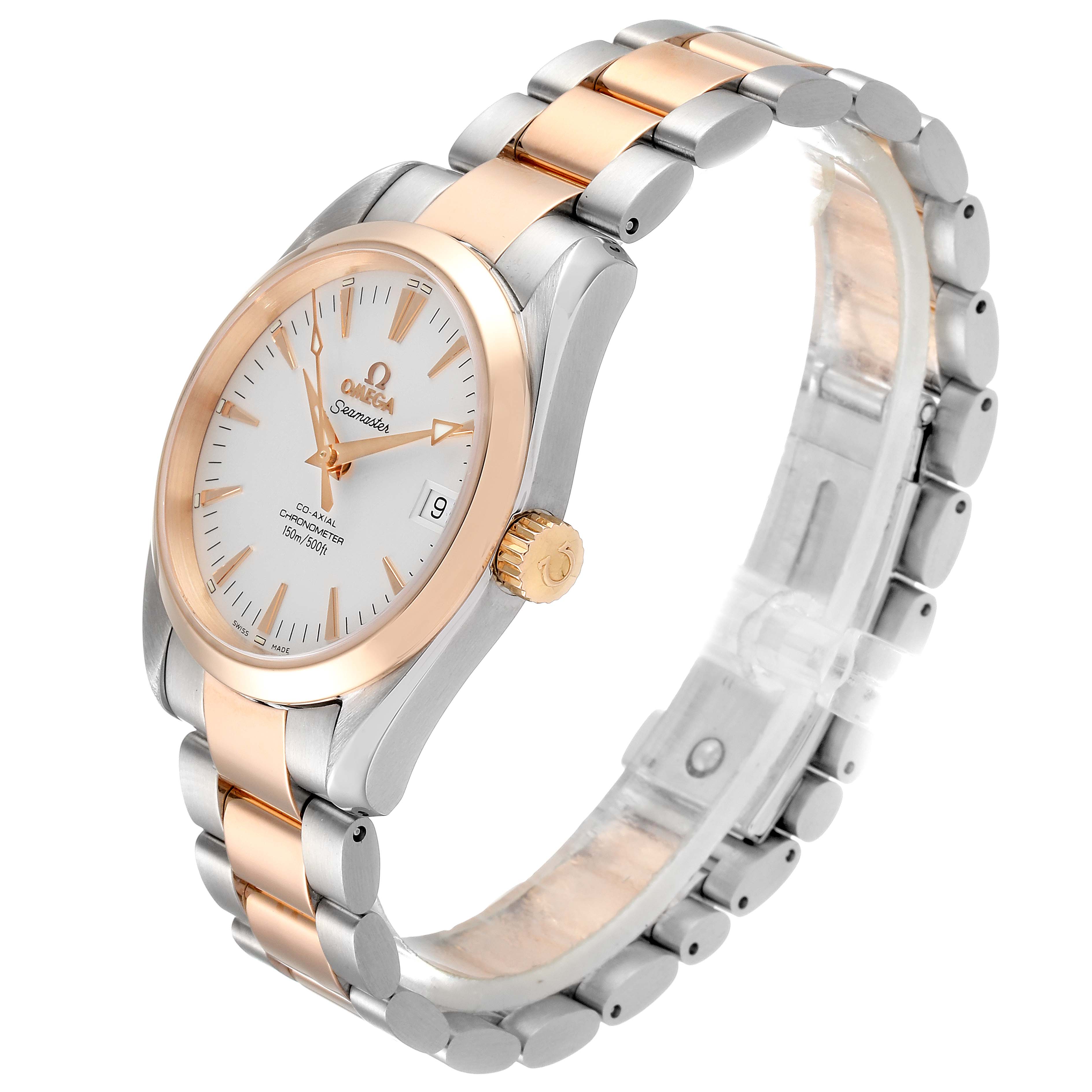 The Omega Aqua Terra 2304.30.00 Men's Steel and Gold (two tone) Silver Dial 2304.30.00 Men's Steel and Gold (two tone) Silver Dial watch is shown at a three-quarter angle highlighting the dial, bezel, crown, and bracelet.