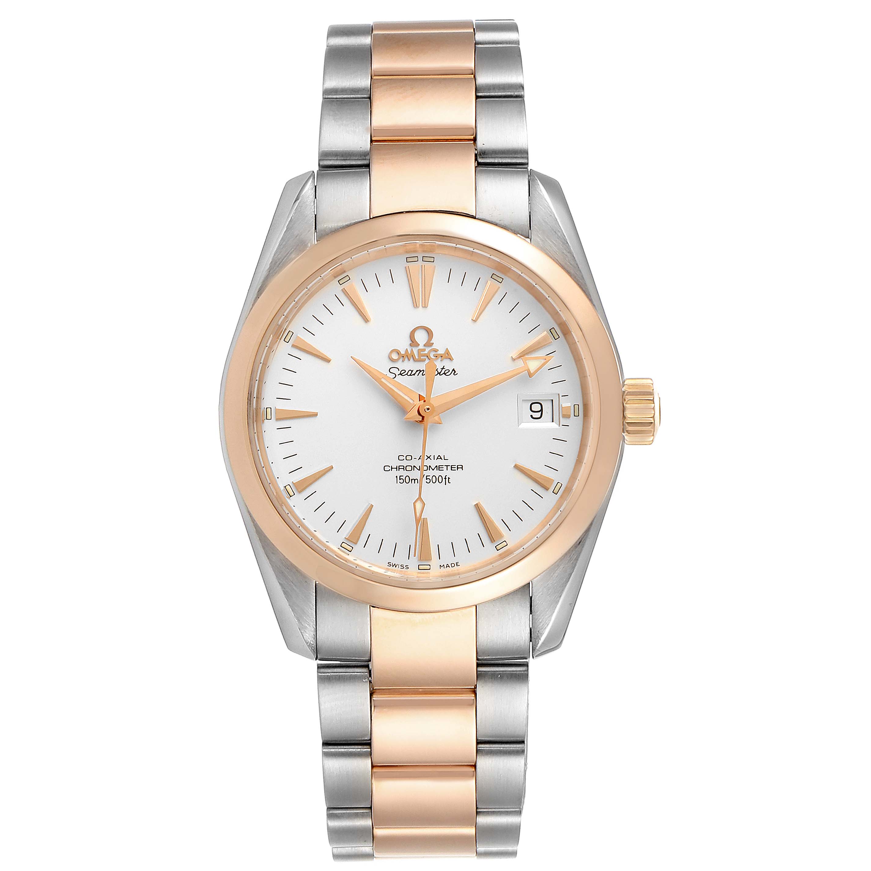 The image shows a front view of the Omega Aqua Terra 2304.30.00 Men's Steel and Gold (two tone) Silver Dial 2304.30.00 Men's Steel and Gold (two tone) Silver Dial watch, highlighting its face, dial, bezel, and two-tone bracelet.