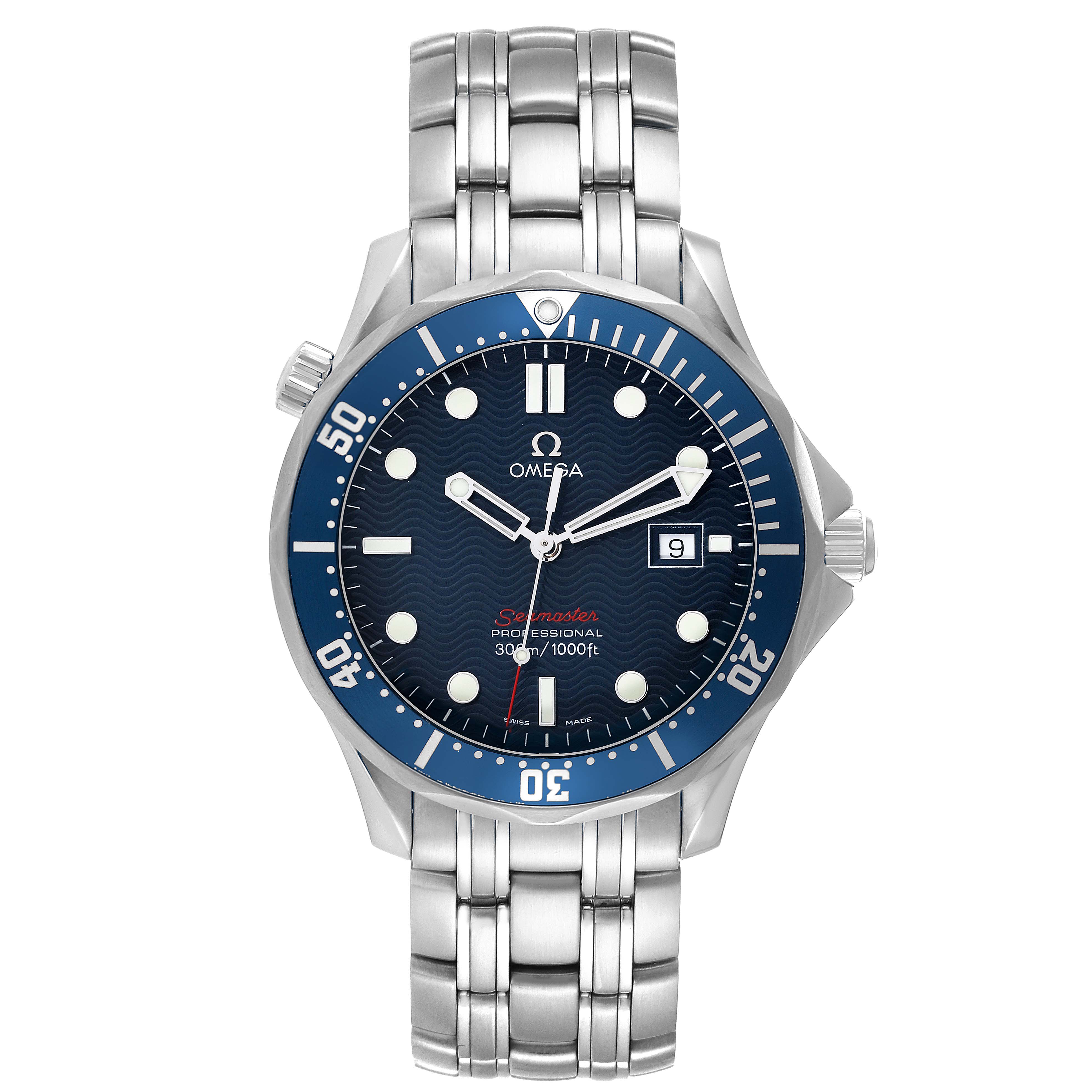 The image shows a frontal view of the Omega Seamaster 2221.80.00 Men
s Stainless Steel Blue Dial 2221.80.00 Men
s Stainless Steel Blue Dial watch, featuring its face, bezel, and stainless steel bracelet.