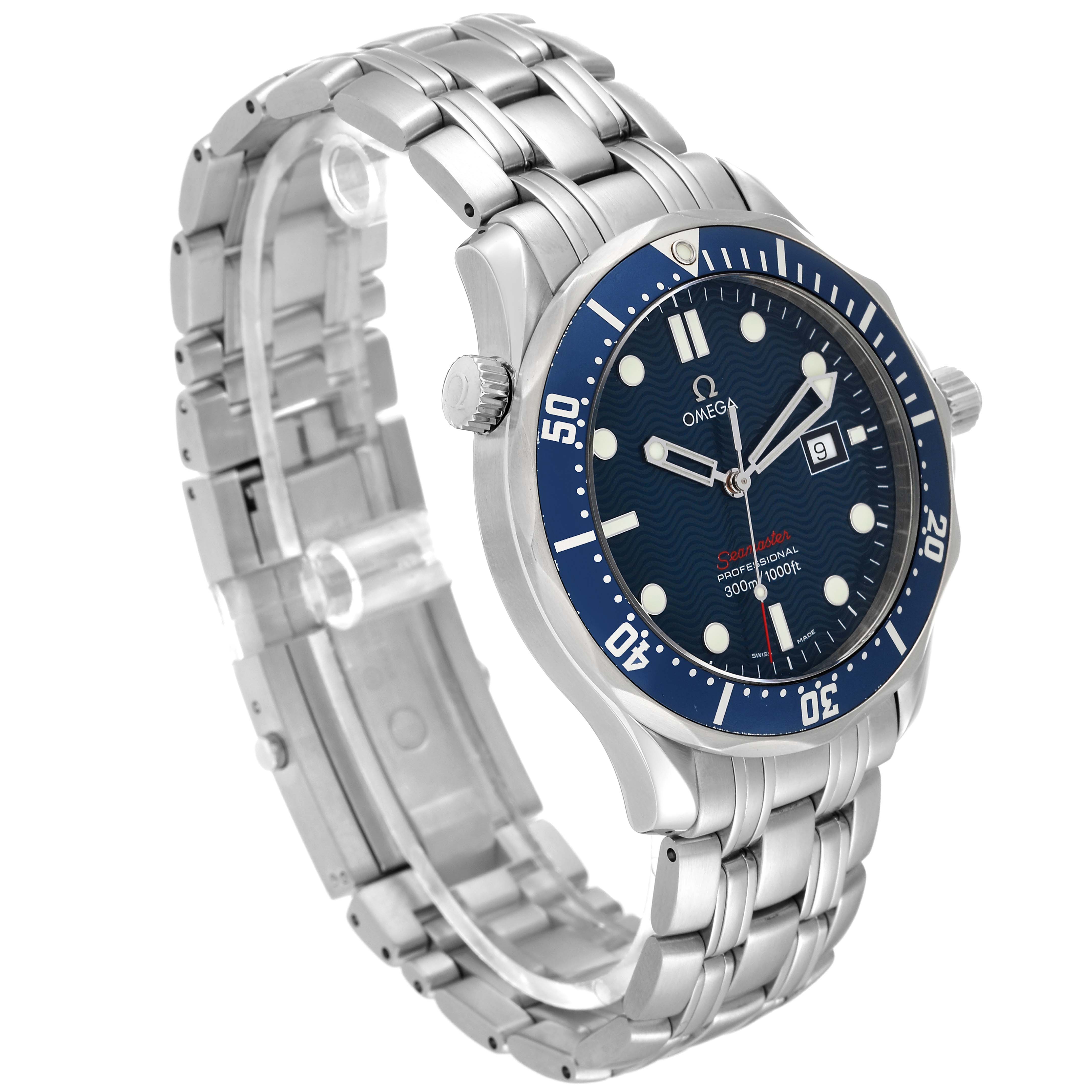 The image shows a stainless steel Omega Seamaster 2221.80.00 Men
s Stainless Steel Blue Dial 2221.80.00 Men
s Stainless Steel Blue Dial watch at a three-quarter angle, highlighting the bracelet, bezel, and dial.