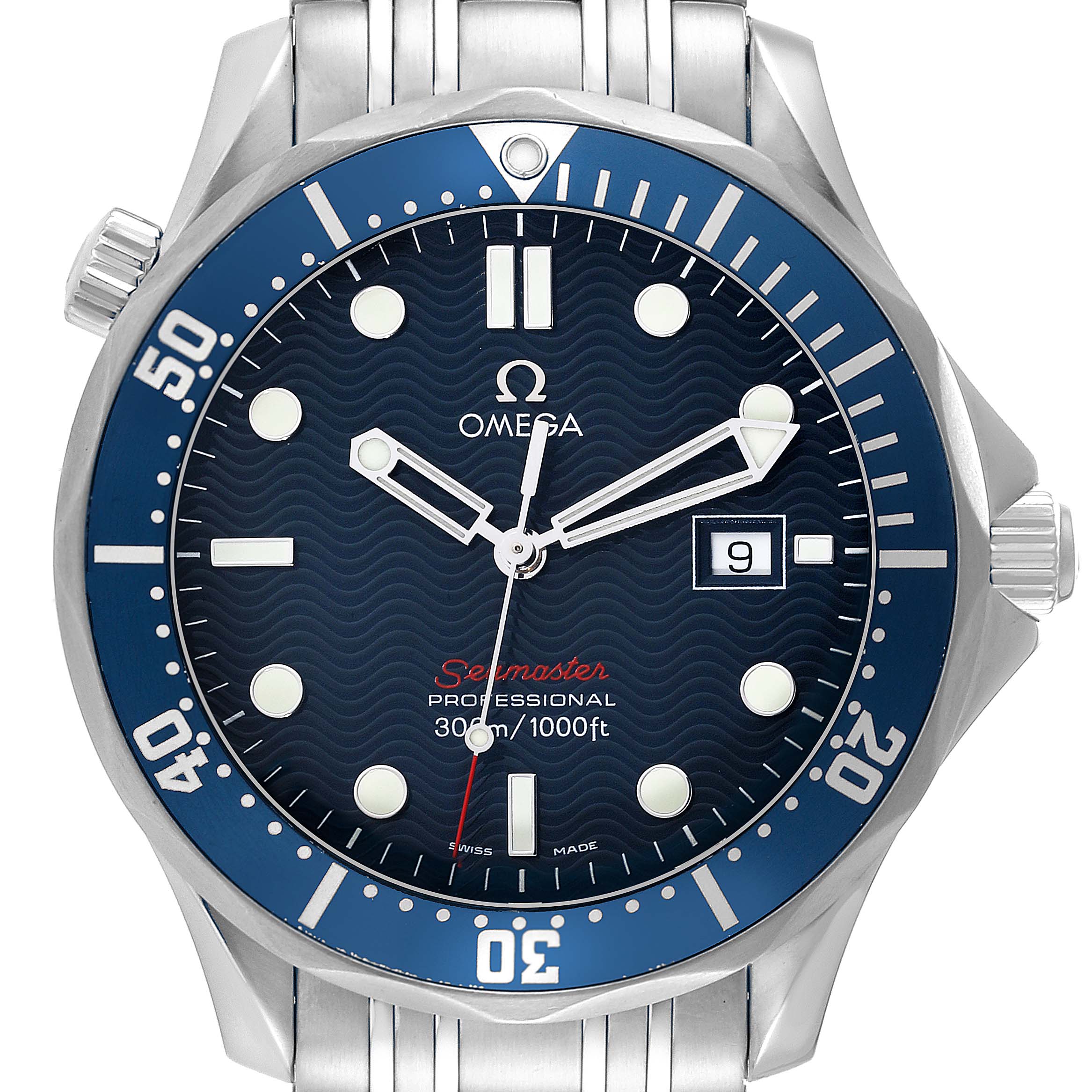 The image shows a front view of an Omega Seamaster 2221.80.00 Men
s Stainless Steel Blue Dial 2221.80.00 Men
s Stainless Steel Blue Dial watch, highlighting its blue dial and bezel, stainless steel case, and bracelet.