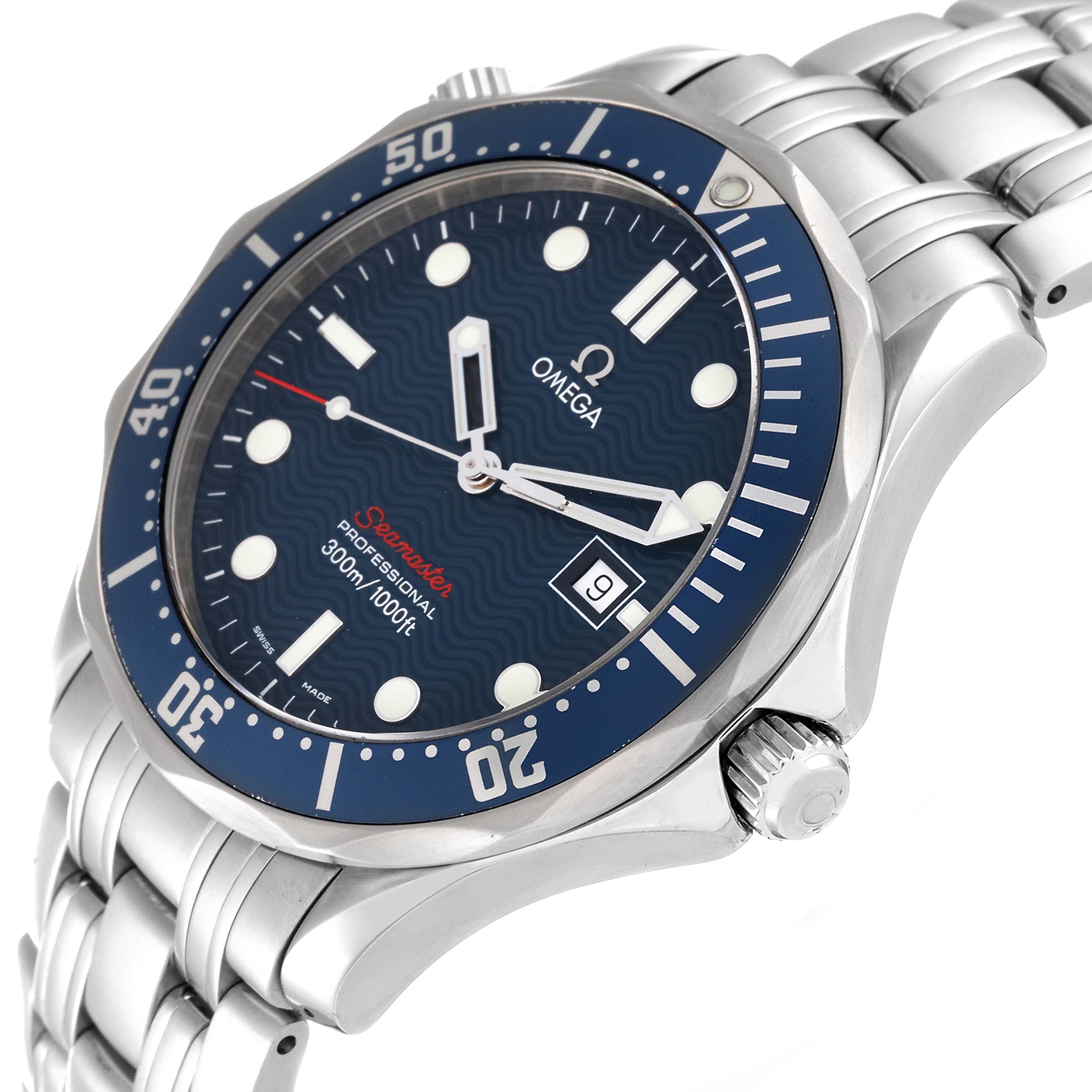 The image shows a side view of the Omega Seamaster 2221.80.00 Men
s Stainless Steel Blue Dial 2221.80.00 Men
s Stainless Steel Blue Dial watch, highlighting the bezel, crown, and part of its metal bracelet.