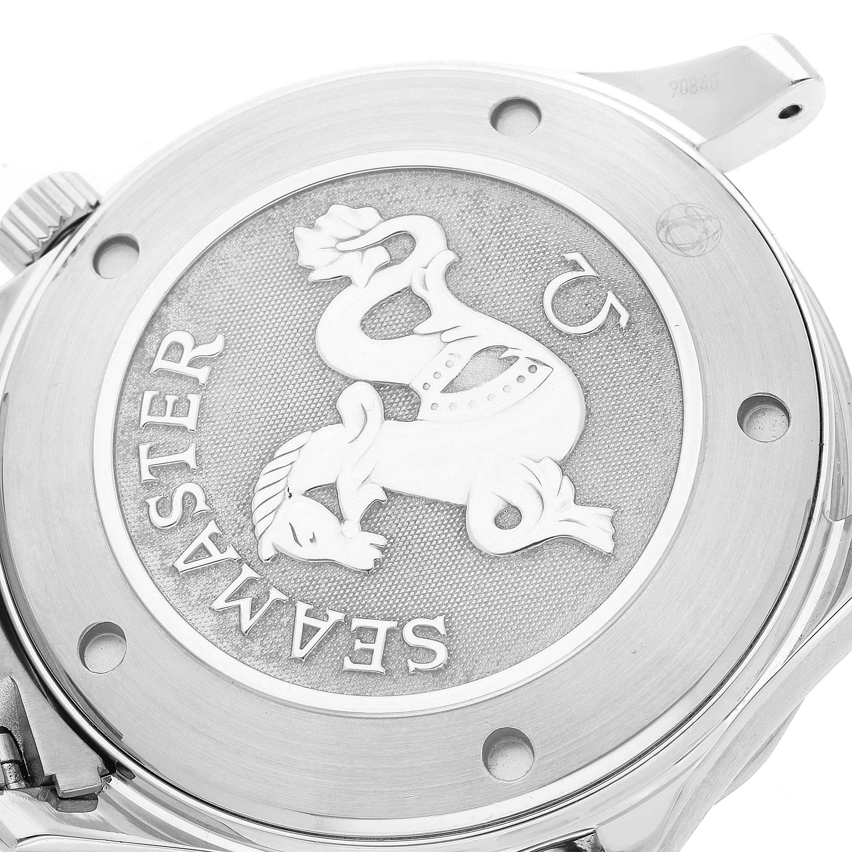 This image shows the back case of an Omega Seamaster 2221.80.00 Men
s Stainless Steel Blue Dial 2221.80.00 Men
s Stainless Steel Blue Dial watch, prominently featuring the embossed Seahorse medallion.