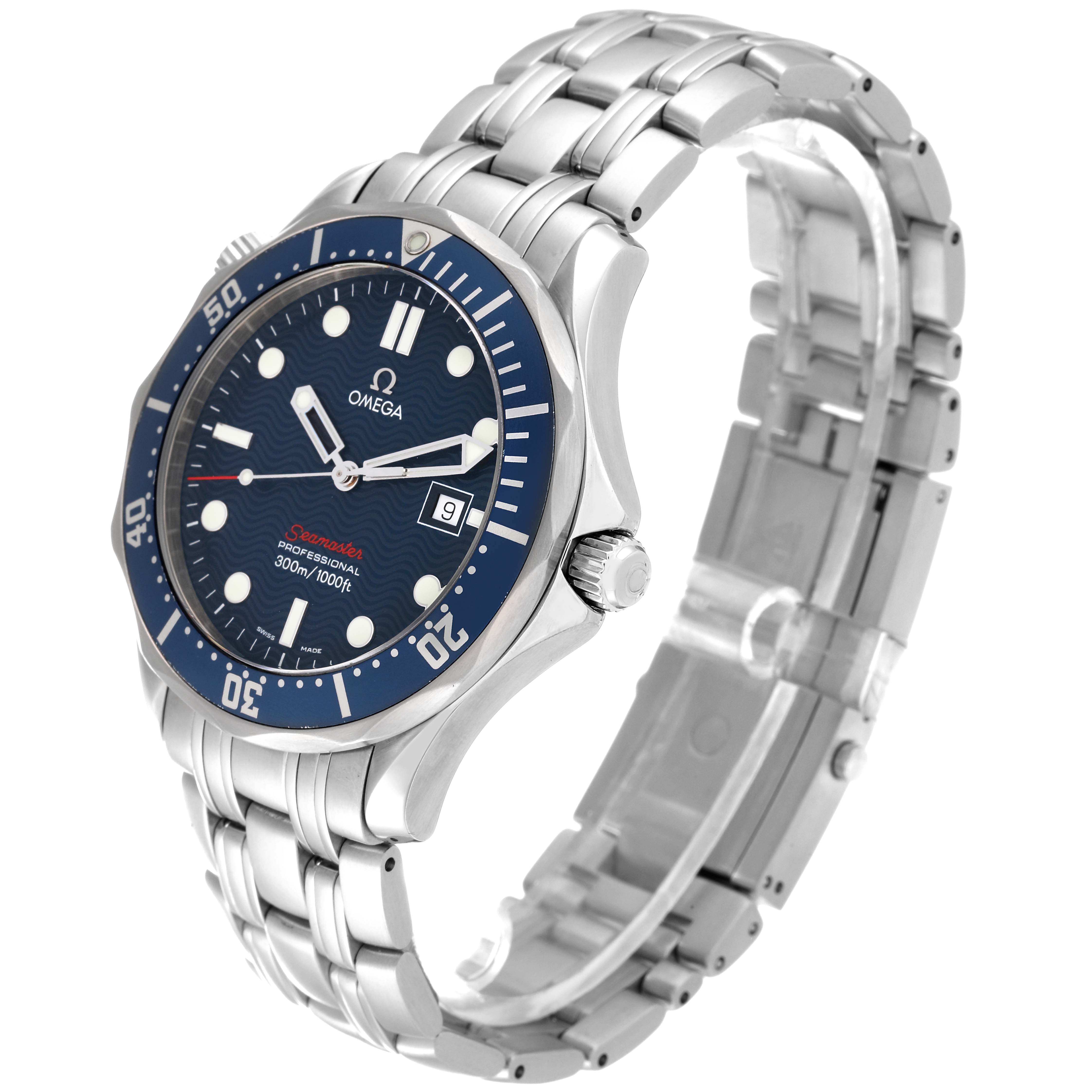 The Omega Seamaster 2221.80.00 Men
s Stainless Steel Blue Dial 2221.80.00 Men
s Stainless Steel Blue Dial watch is shown at a slight angle, highlighting its blue dial, metal bracelet, bezel, and crown.