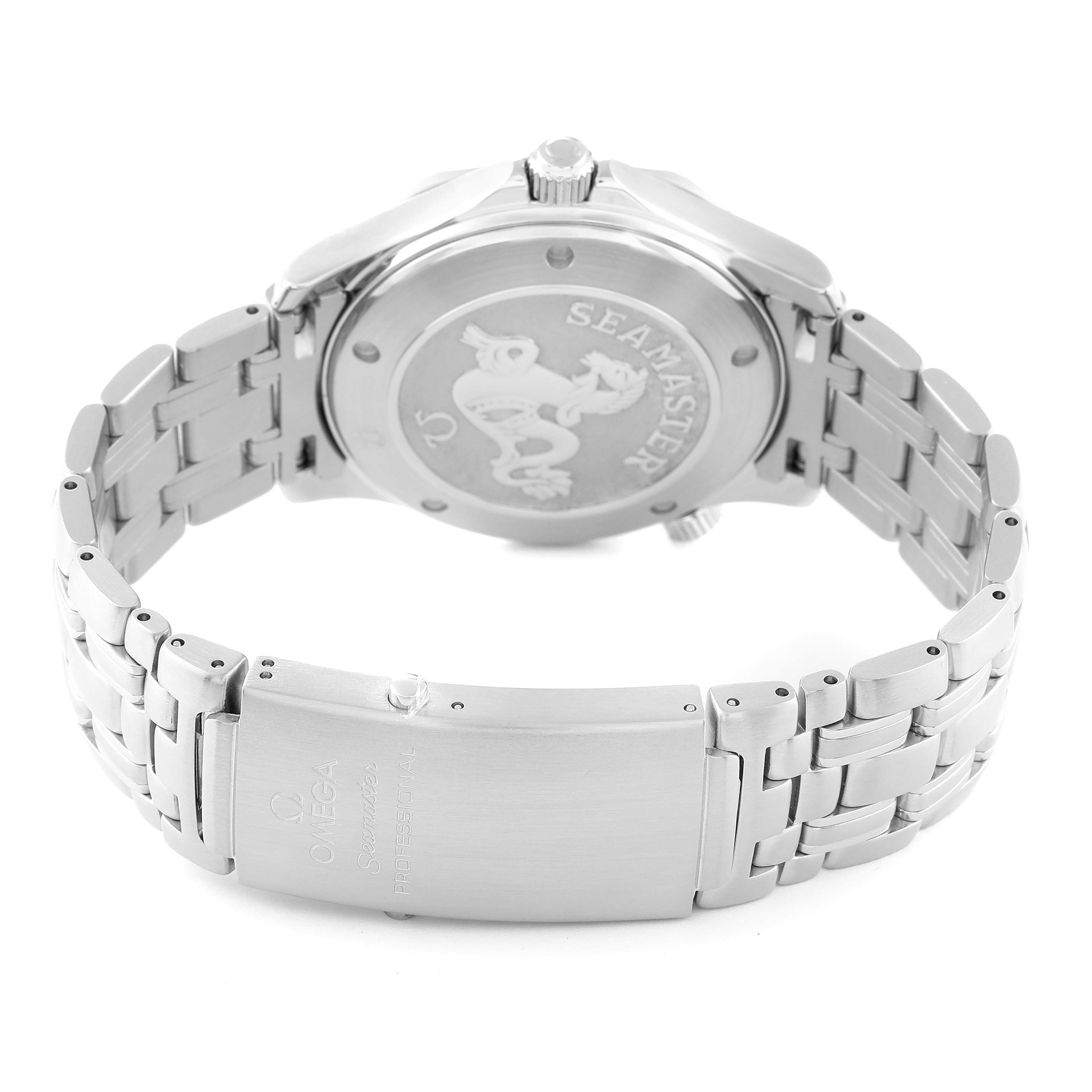 The image shows the back view of an Omega Seamaster 2221.80.00 Men
s Stainless Steel Blue Dial 2221.80.00 Men
s Stainless Steel Blue Dial watch, highlighting its case back and stainless steel bracelet with clasp.