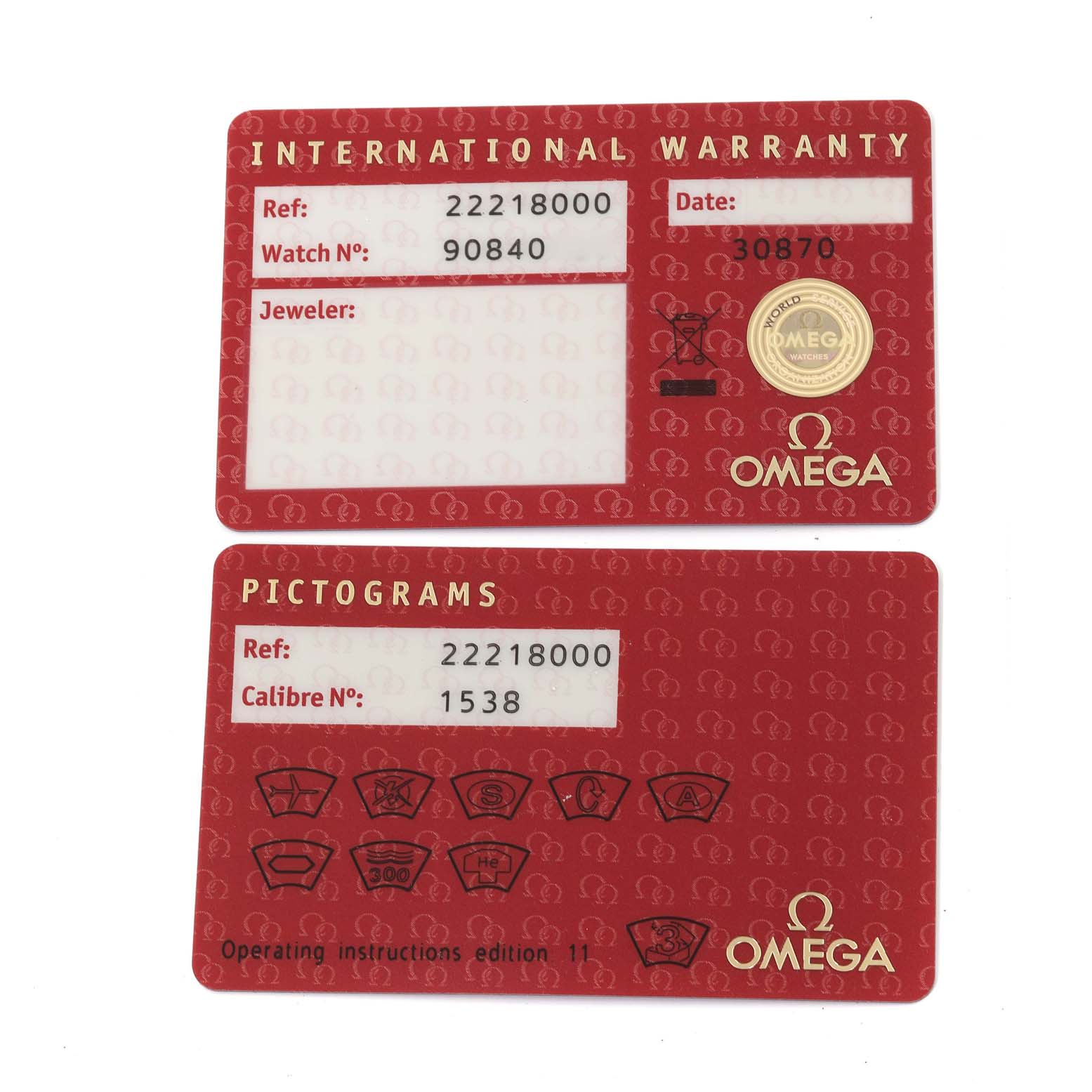 The image shows two Omega Seamaster 2221.80.00 Men
s Stainless Steel Blue Dial 2221.80.00 Men
s Stainless Steel Blue Dial cards: an International Warranty card and a Pictograms card.