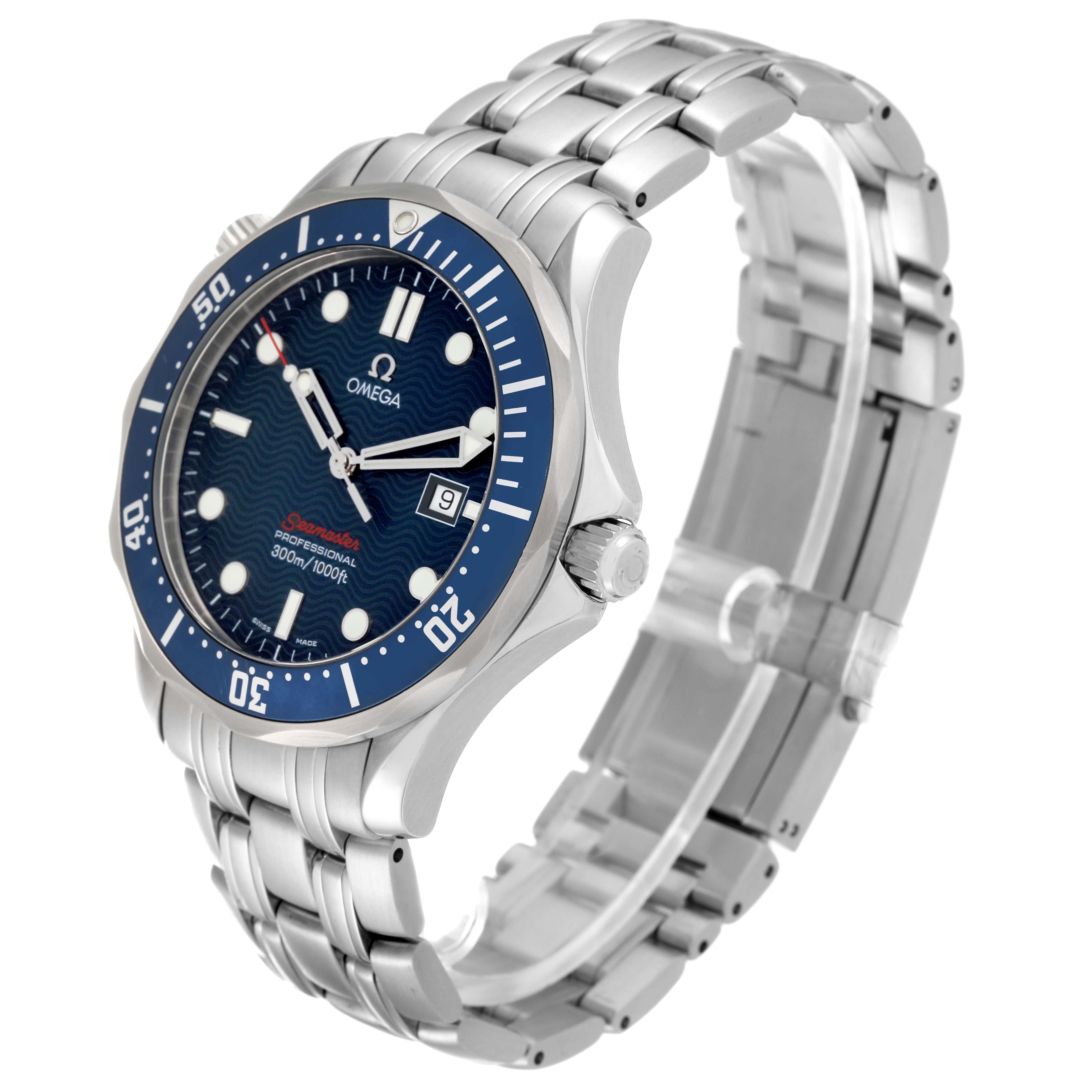 The image displays an Omega Seamaster 2221.80.00 Men
s Stainless Steel Blue Dial 2221.80.00 Men
s Stainless Steel Blue Dial watch at a three-quarter angle, showing the watch face, bezel, and metal bracelet.