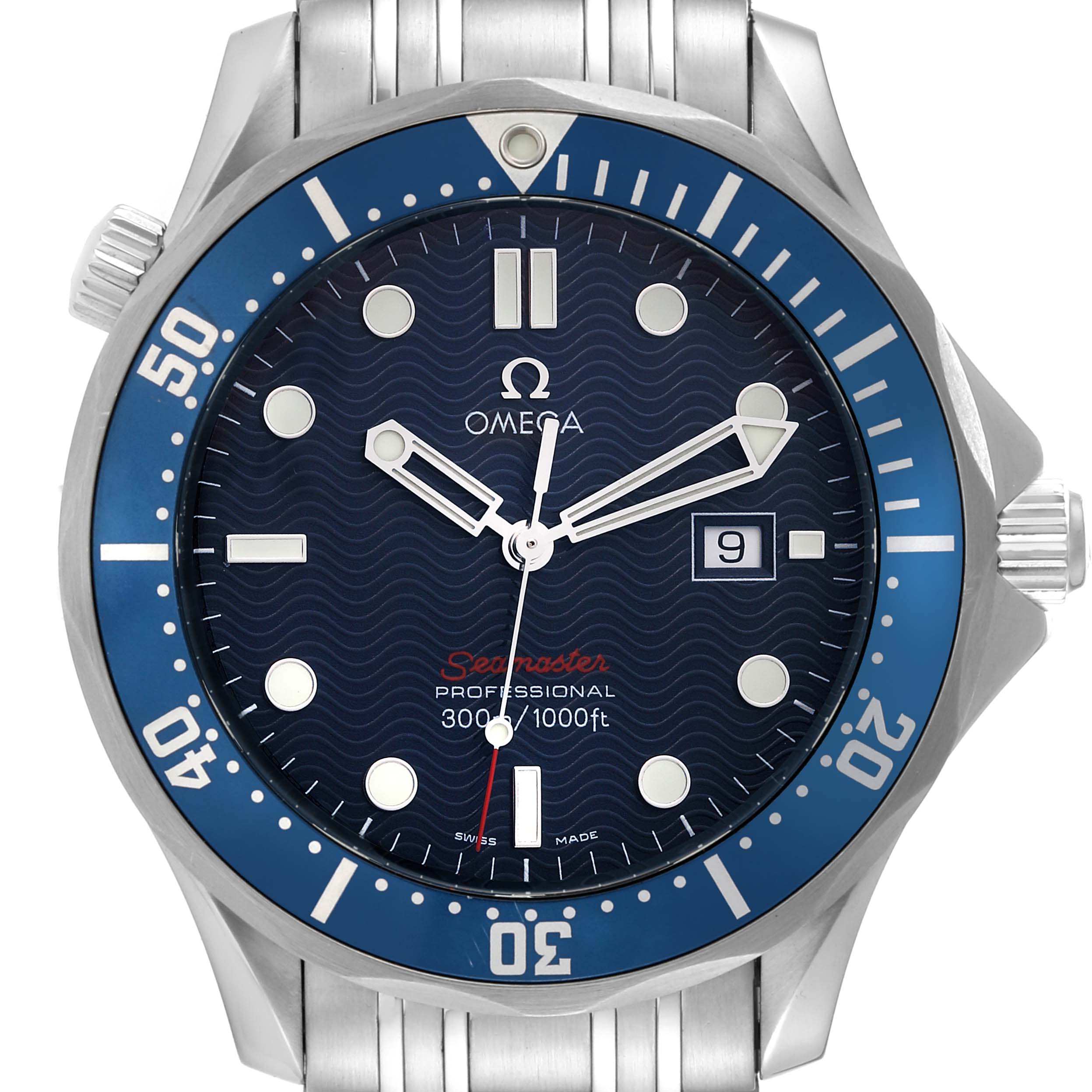 This image shows a front view of the Omega Seamaster 2221.80.00 Men
s Stainless Steel Blue Dial 2221.80.00 Men
s Stainless Steel Blue Dial watch, highlighting the dial, bezel, hands, and date display.