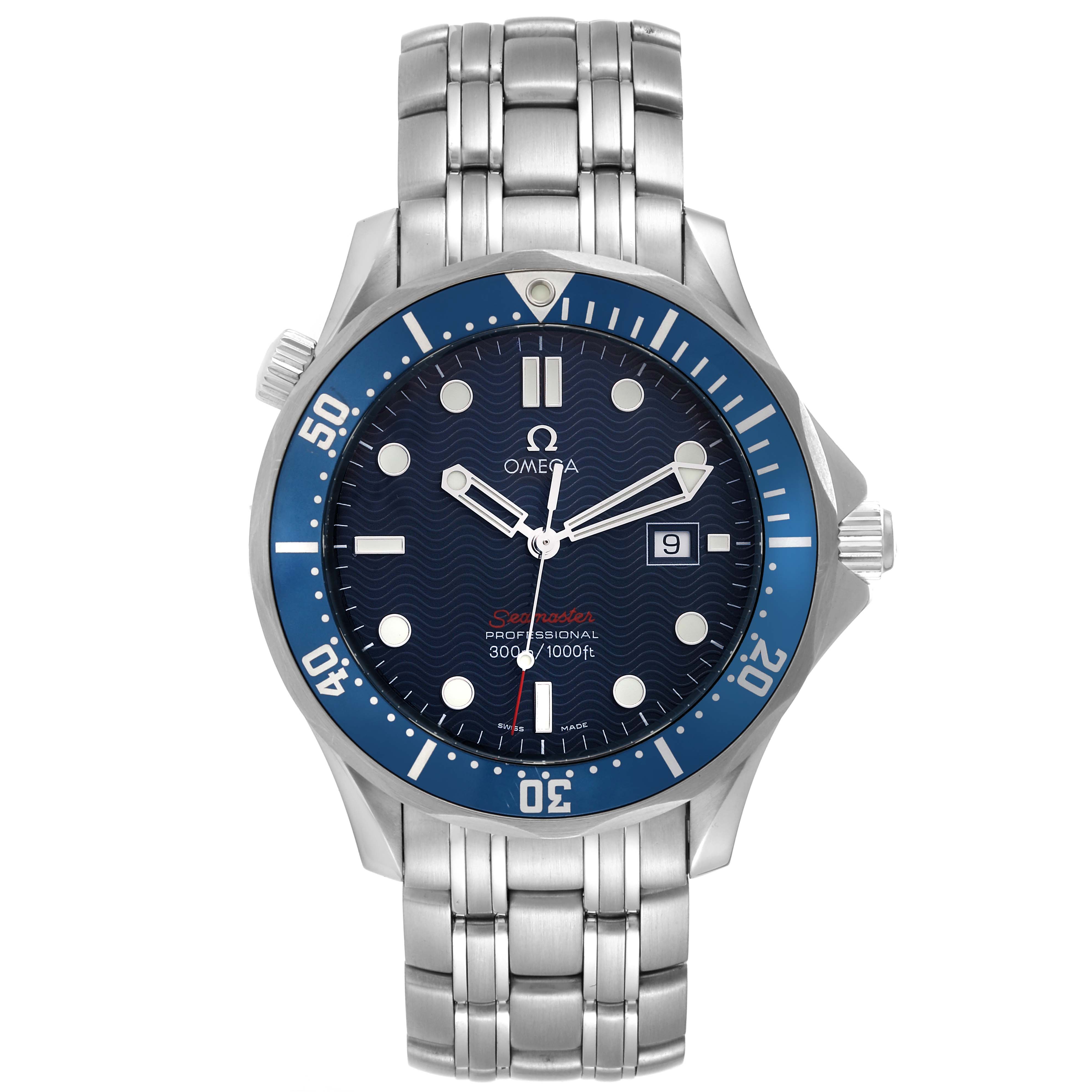 This image shows a frontal view of the Omega Seamaster 2221.80.00 Men
s Stainless Steel Blue Dial 2221.80.00 Men
s Stainless Steel Blue Dial watch, highlighting its face, bezel, crown, and bracelet.