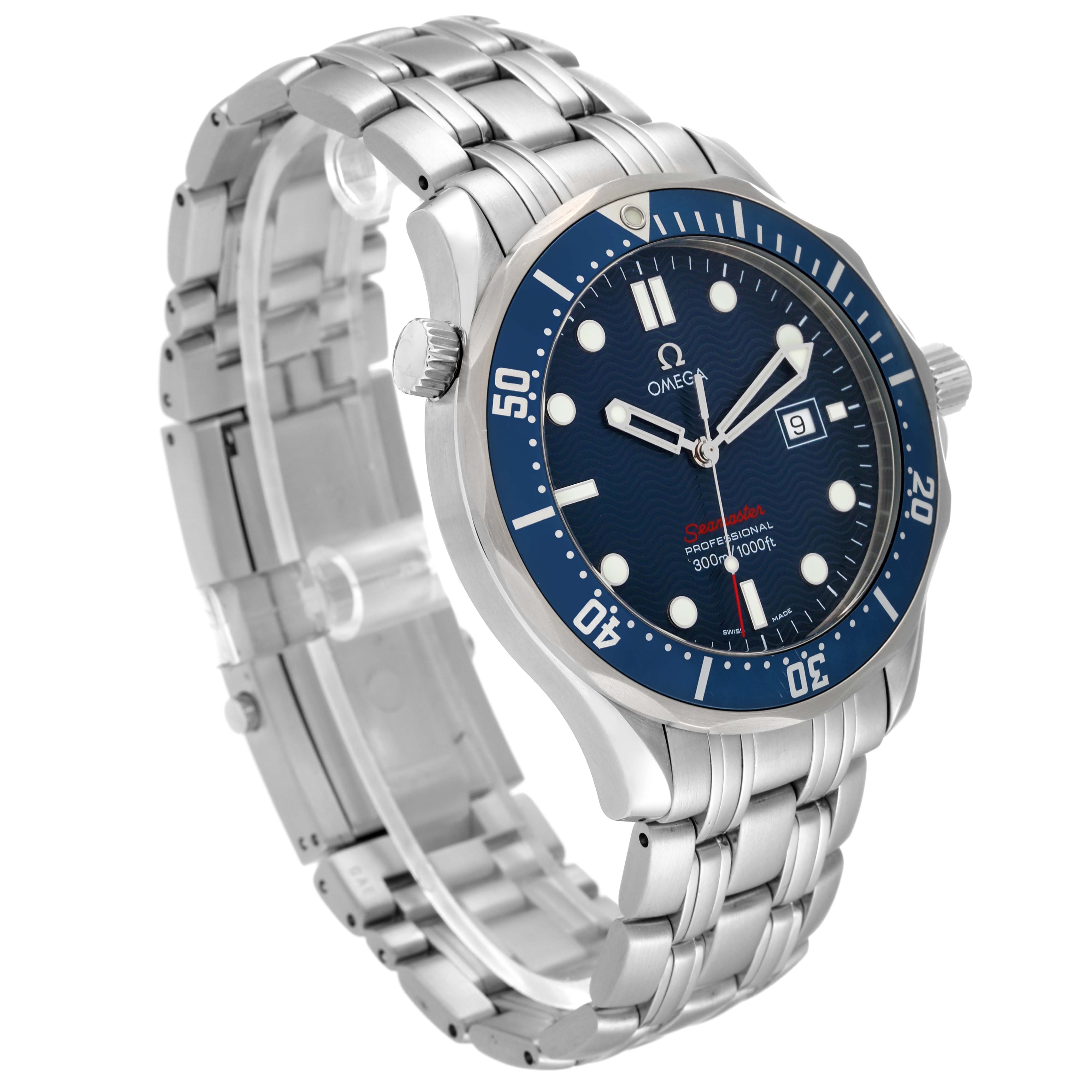 This image shows the Omega Seamaster 2221.80.00 Men
s Stainless Steel Blue Dial 2221.80.00 Men
s Stainless Steel Blue Dial watch at a three-quarter angle, highlighting the dial, bezel, and metal bracelet.