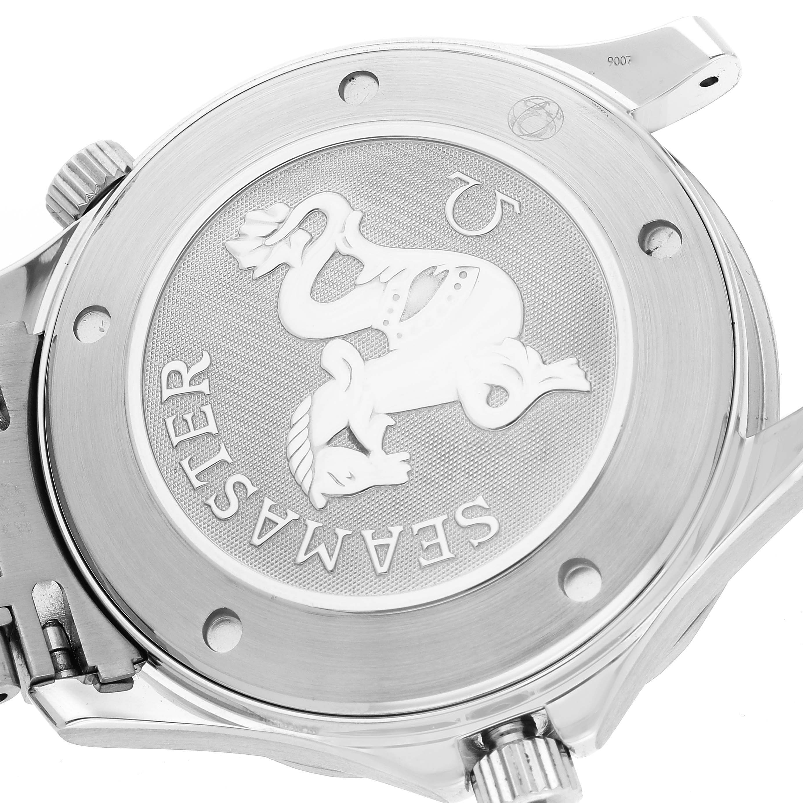 This image shows the case back of an Omega Seamaster 2221.80.00 Men
s Stainless Steel Blue Dial 2221.80.00 Men
s Stainless Steel Blue Dial watch with its engravings, crown, and part of the bracelet.