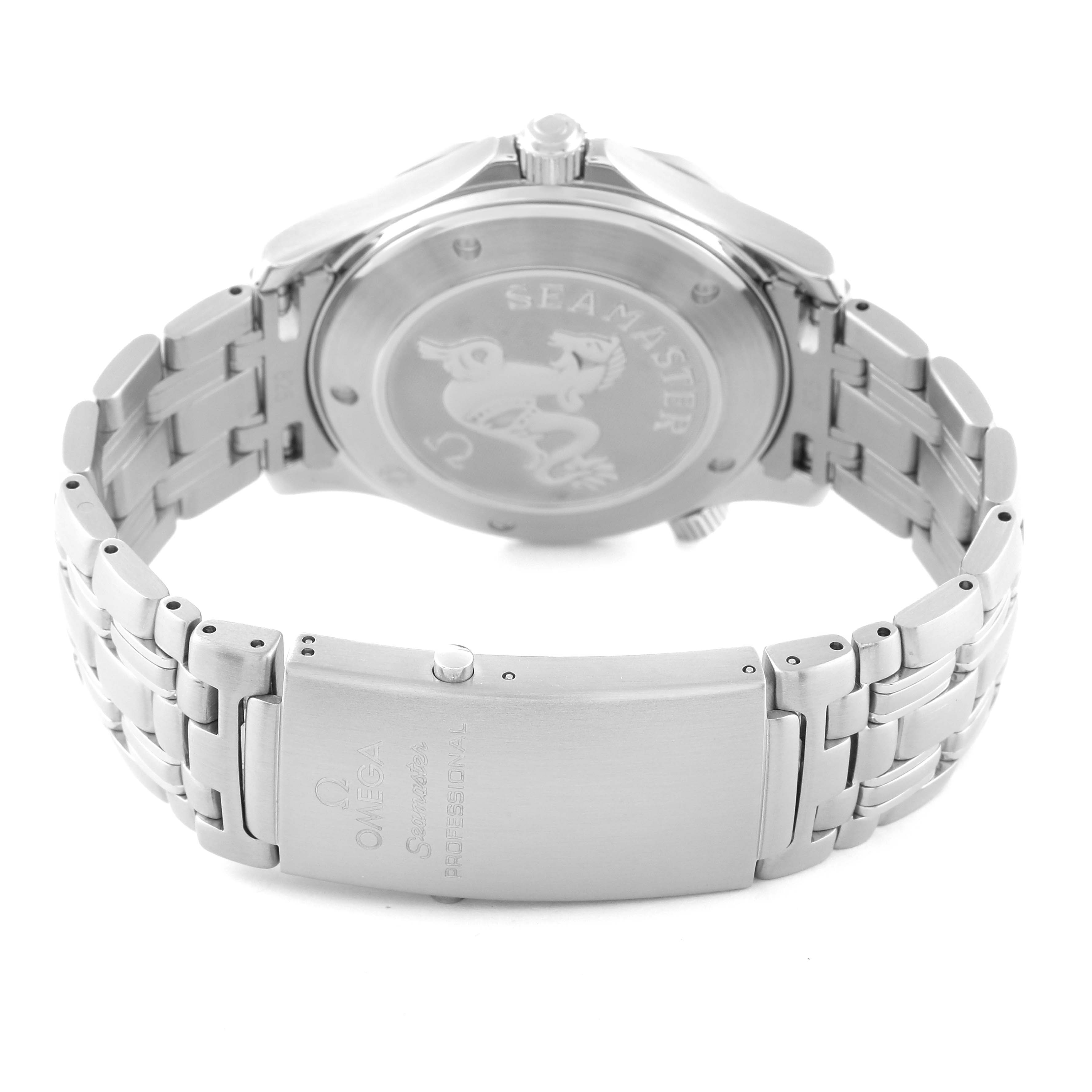 The image shows the back view of an Omega Seamaster 2221.80.00 Men
s Stainless Steel Blue Dial 2221.80.00 Men
s Stainless Steel Blue Dial watch, highlighting the case back and metal bracelet clasp.