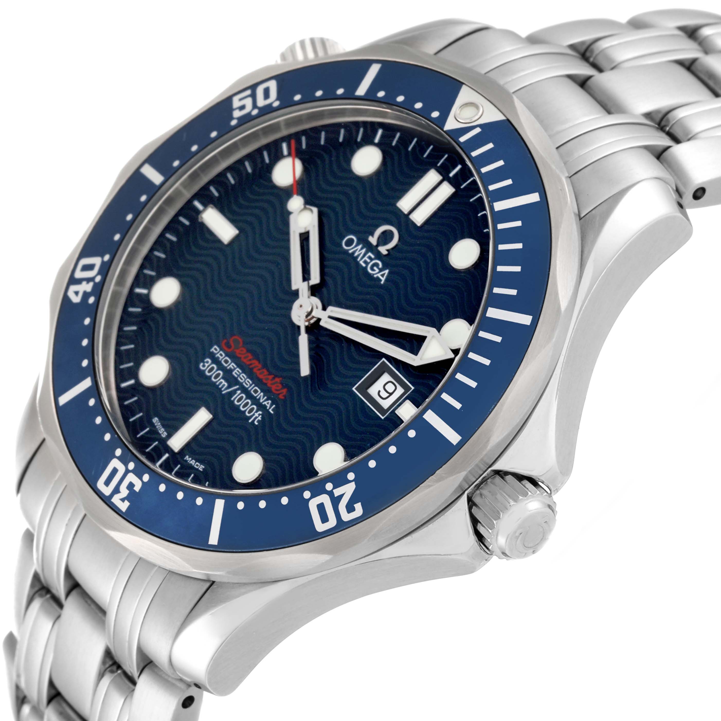 The image shows an angled view of the Omega Seamaster 2221.80.00 Men
s Stainless Steel Blue Dial 2221.80.00 Men
s Stainless Steel Blue Dial watch featuring the dial, bezel, crown, and part of the bracelet.