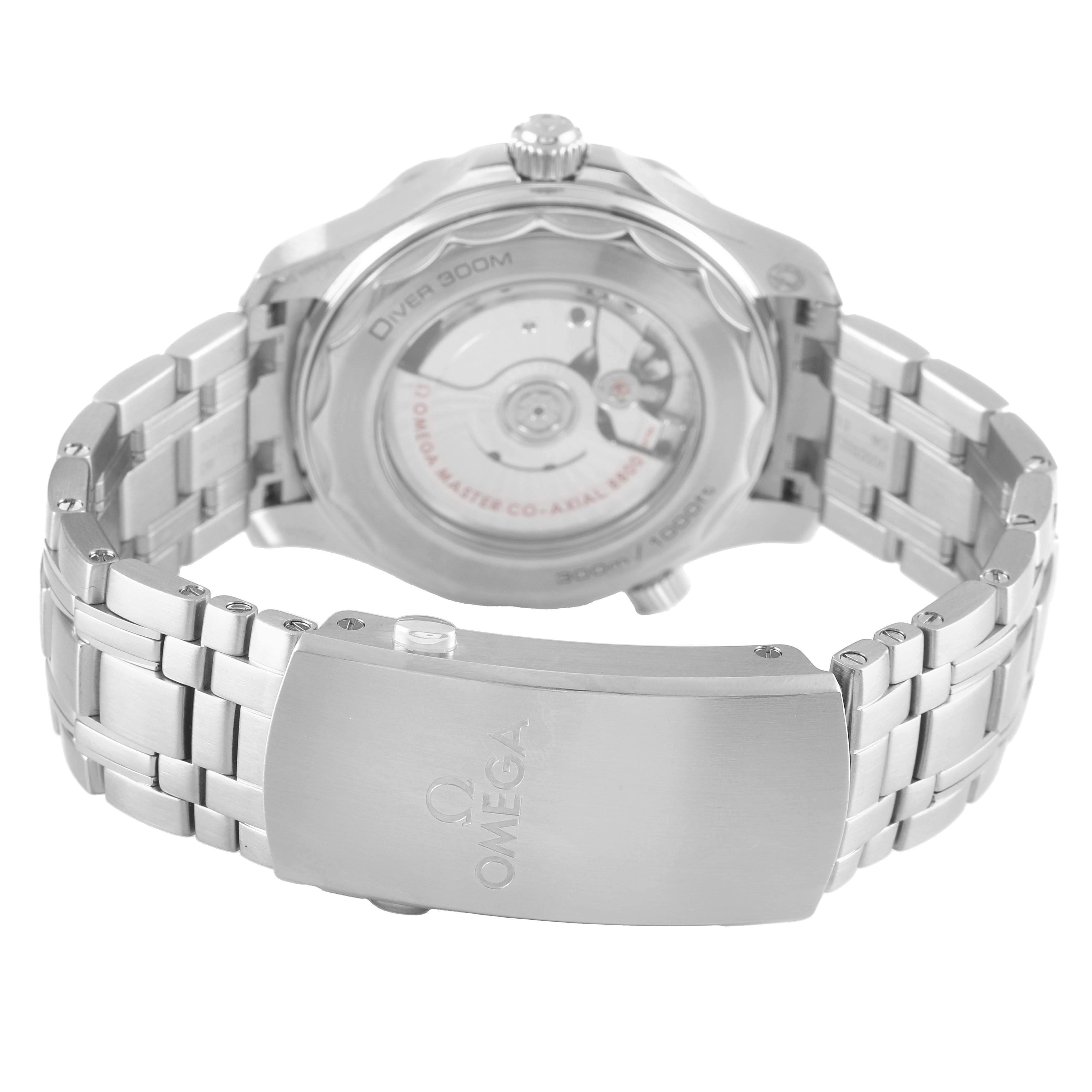 The Omega Seamaster 210.30.42.20.01.001 Men's Stainless Steel Black Dial watch is shown from the back, highlighting the case back, movement, and metal bracelet with the clasp.